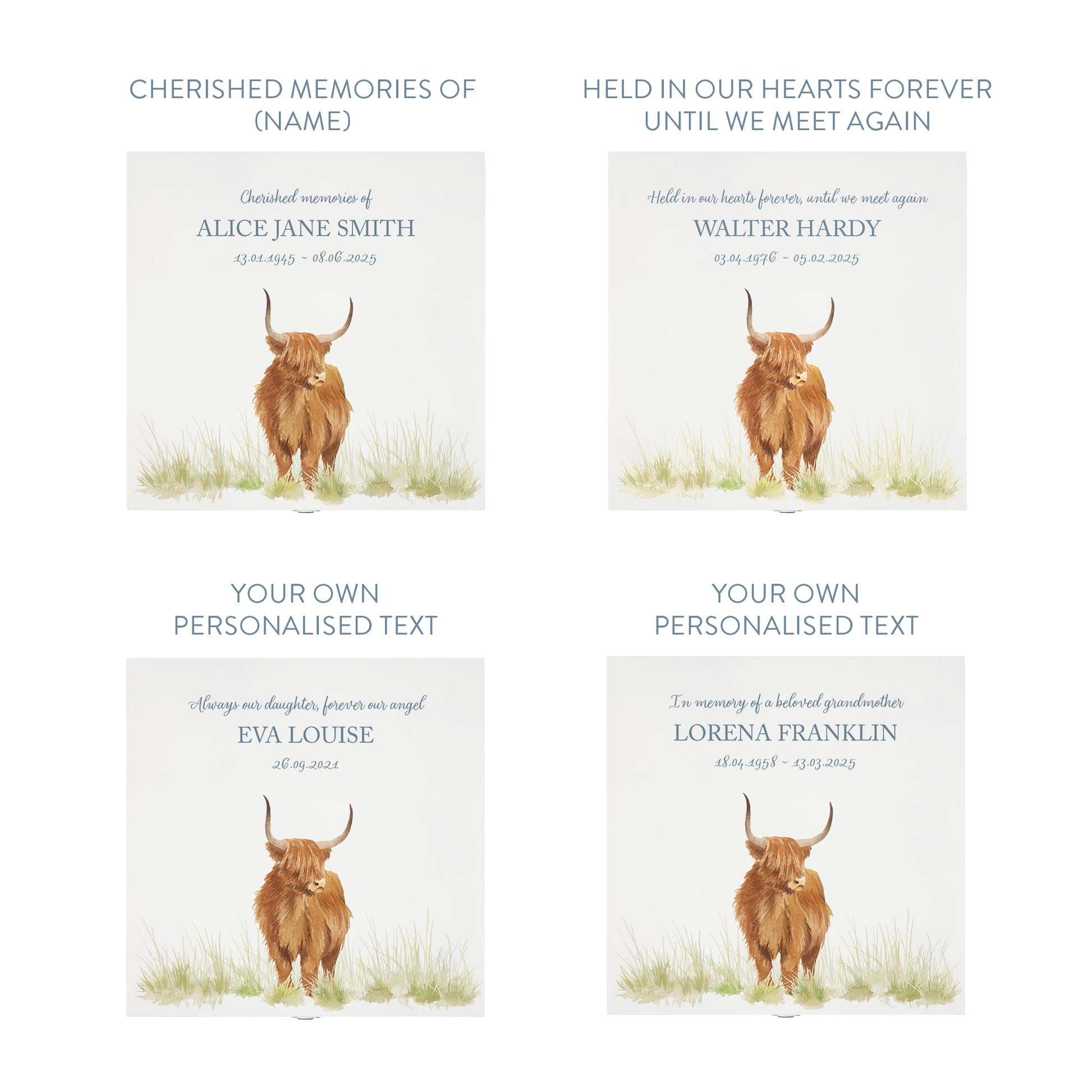 White Square personalised Wooden box with a decorative lid featuring illustrations of a highland cow in a field Perfect funeral memory keepsake box, for storing ashes, order of service, flowers and capturing your loved ones things in one place.
