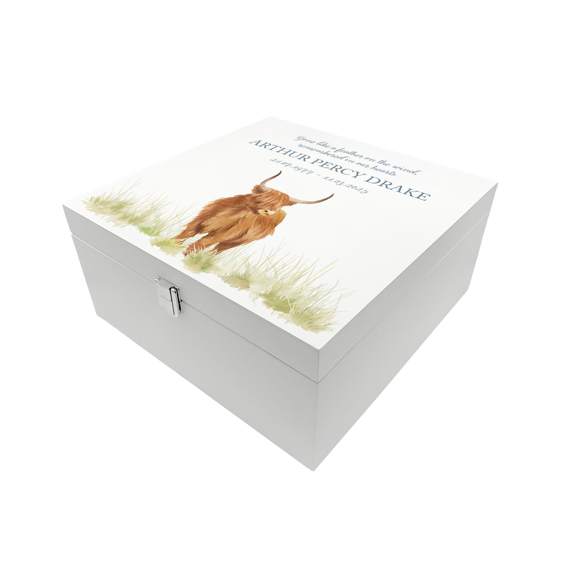 White Square personalised Wooden box with a decorative lid featuring illustrations of a highland cow in a field Perfect funeral memory keepsake box, for storing ashes, order of service, flowers and capturing your loved ones things in one place.