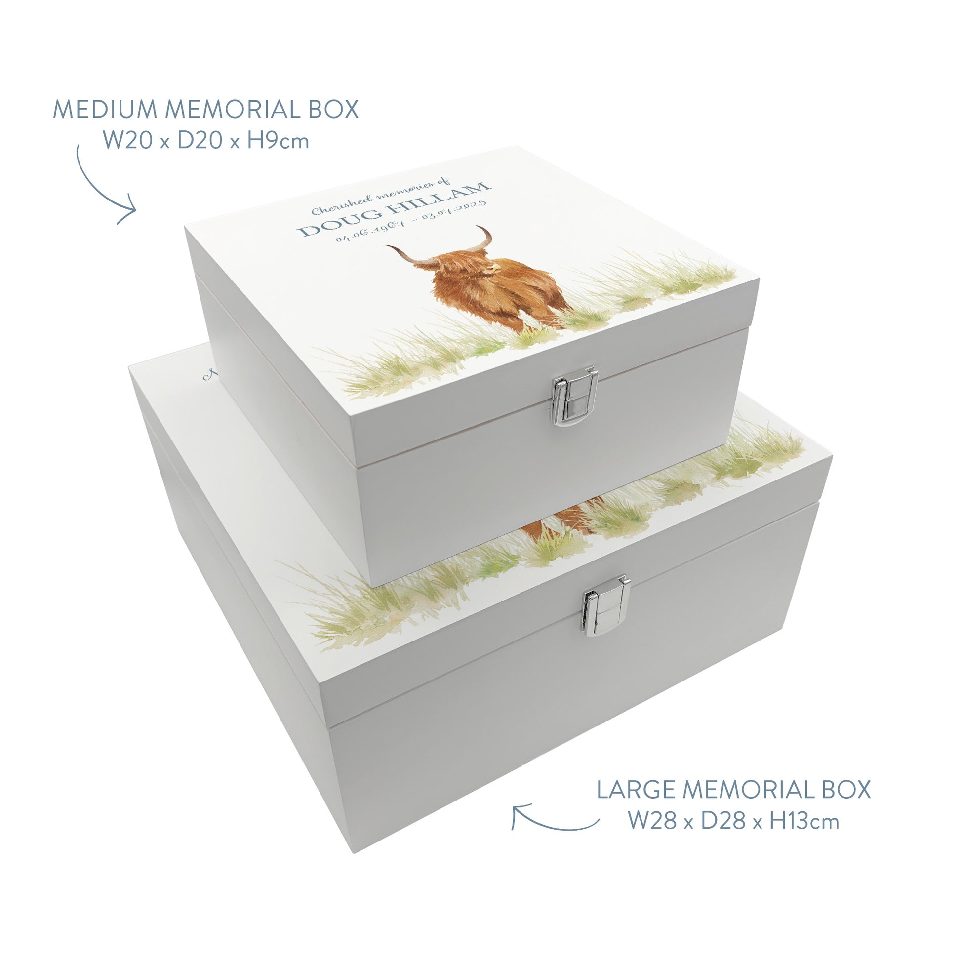 White Square personalised Wooden box with a decorative lid featuring illustrations of a highland cow in a field Perfect funeral memory keepsake box, for storing ashes, order of service, flowers and capturing your loved ones things in one place.