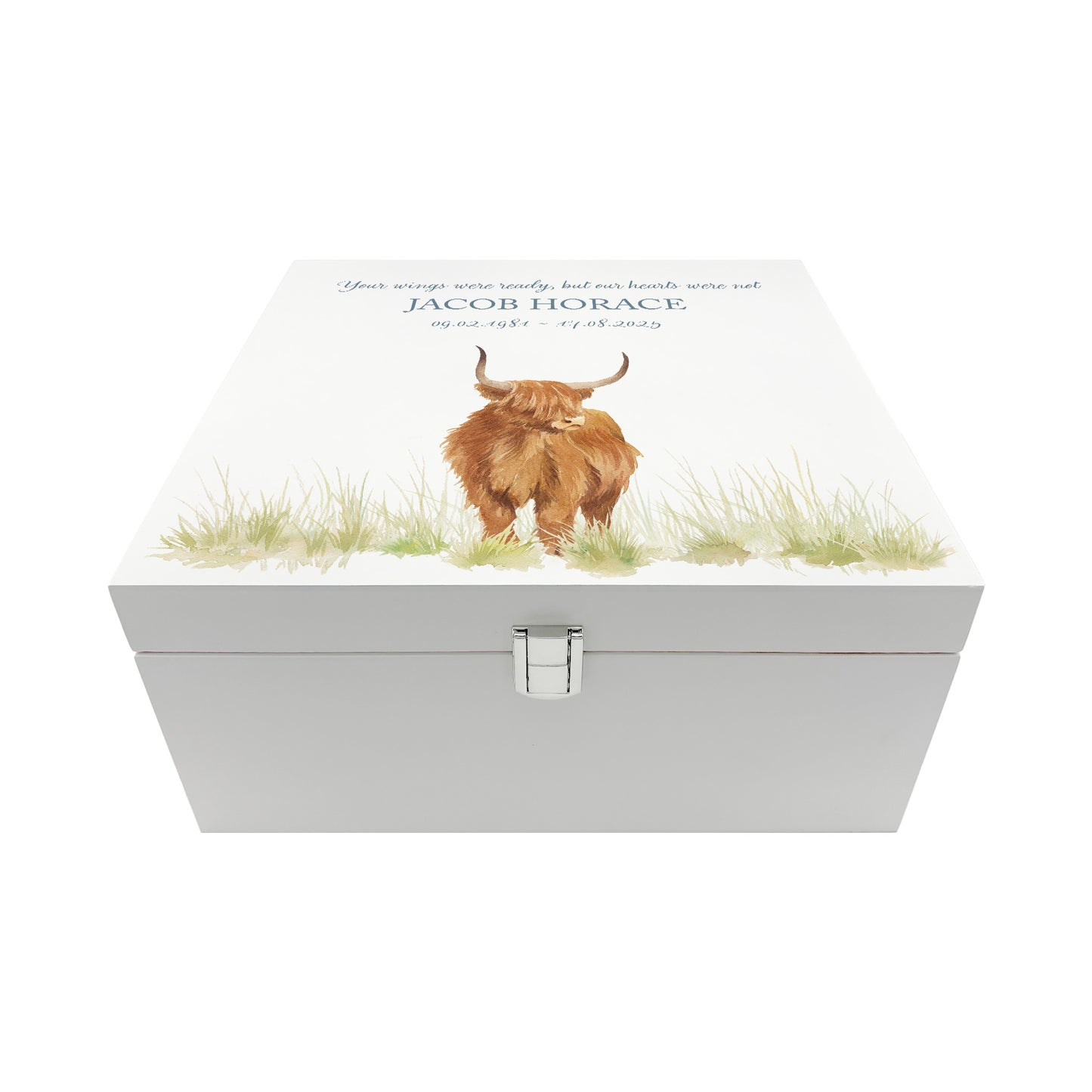 White Square personalised Wooden box with a decorative lid featuring illustrations of a highland cow in a field Perfect funeral memory keepsake box, for storing ashes, order of service, flowers and capturing your loved ones things in one place.