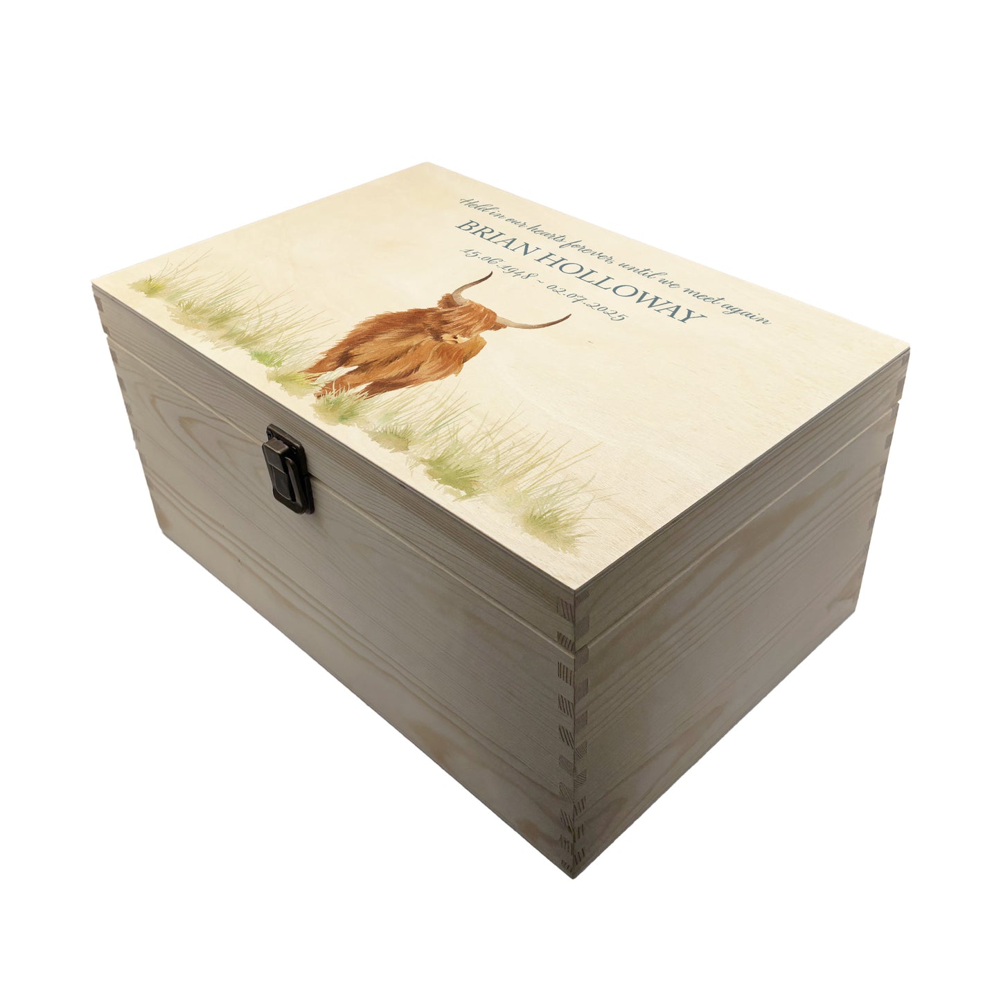 Wooden box with a lid featuring an illustration of a Highland Stag on a wooden background Perfect funeral memory keepsake box, for storing ashes, order of service, flowers, pictures.