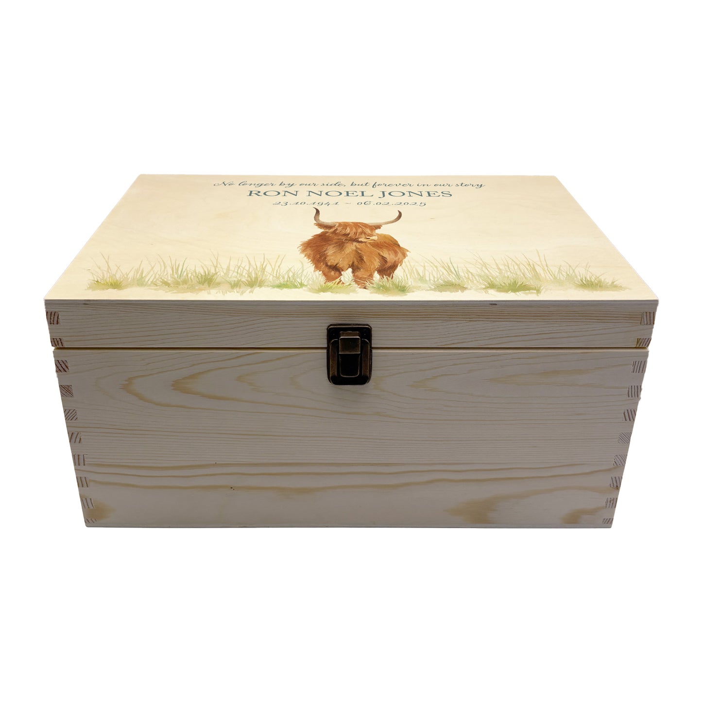 Wooden box with a lid featuring an illustration of a Highland Stag on a wooden background Perfect funeral memory keepsake box, for storing ashes, order of service, flowers, pictures.