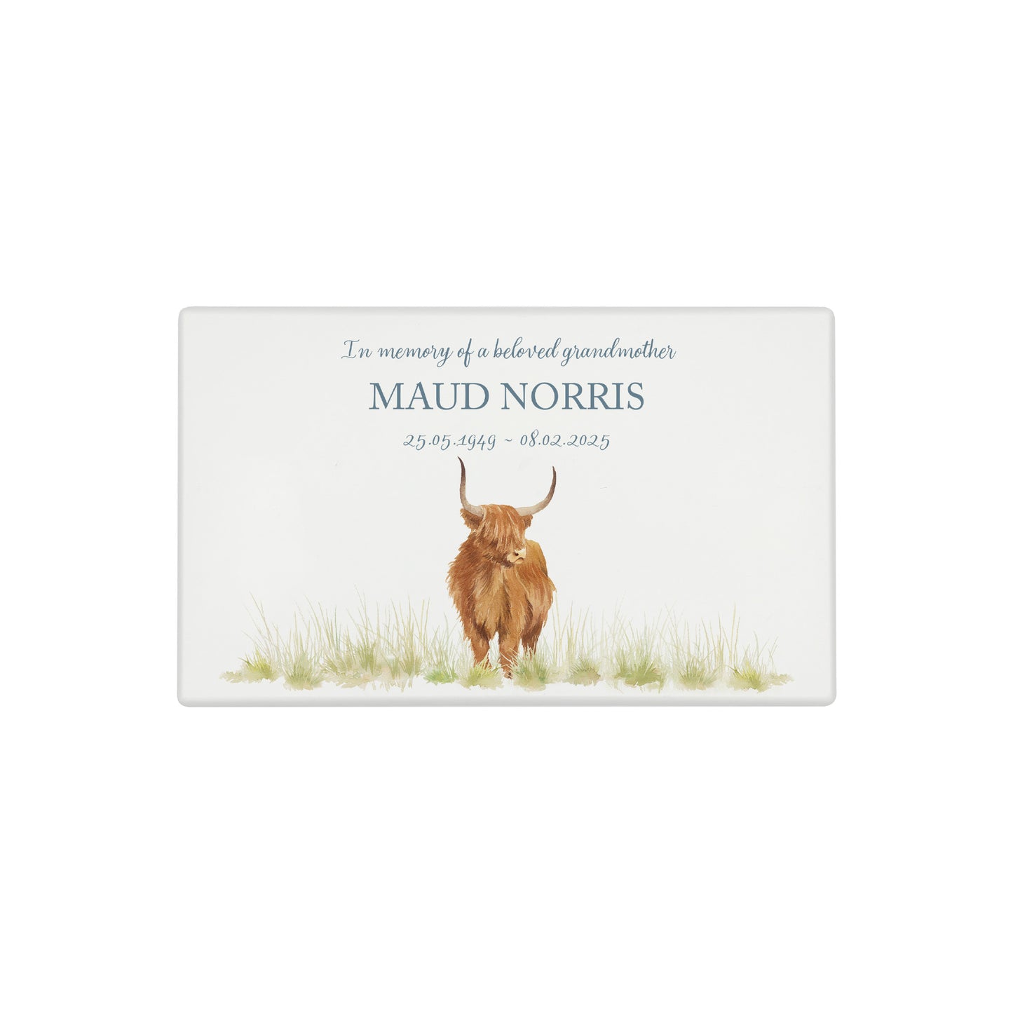 Luxury solid wooden white painted Urn featuring a Highland Cow. A watercolour illustration, our urns and Caskets for displaying or burying ashes. Customisable and can be personalised. Perfect funeral memory keepsake urn, for storing ashes for humans and pets.