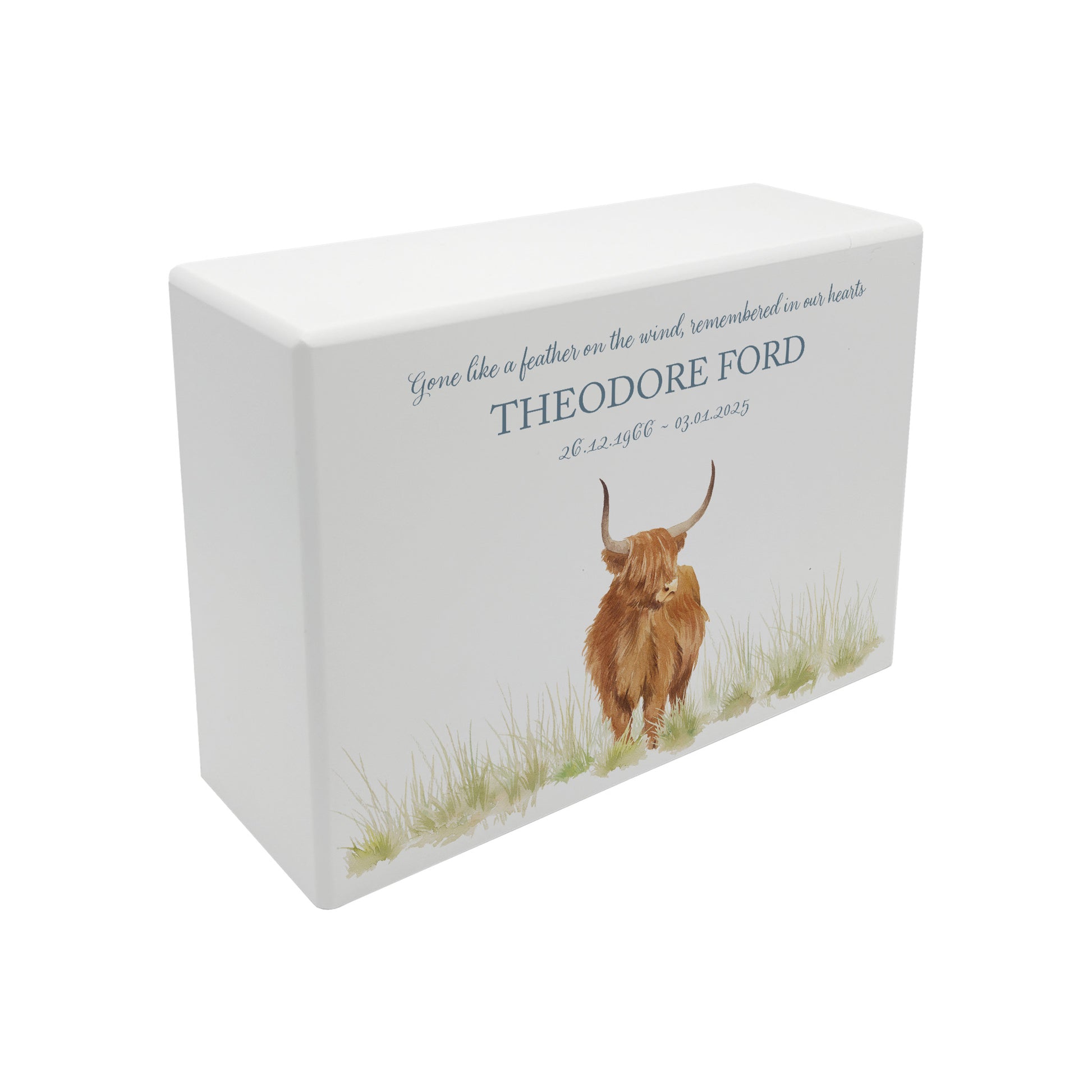 Luxury solid wooden white painted Highland Cow watercolour illustration our urns and Caskets for displaying or burying ashes. Customisable and can be personalised. Perfect funeral memory keepsake urn, for storing ashes for humans and pets