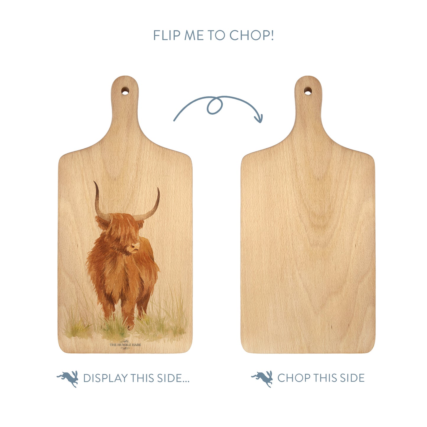 Handmade paddle board in Beech wood, featuring a painted Highland cow with a hand tied luxury blue ribbon.