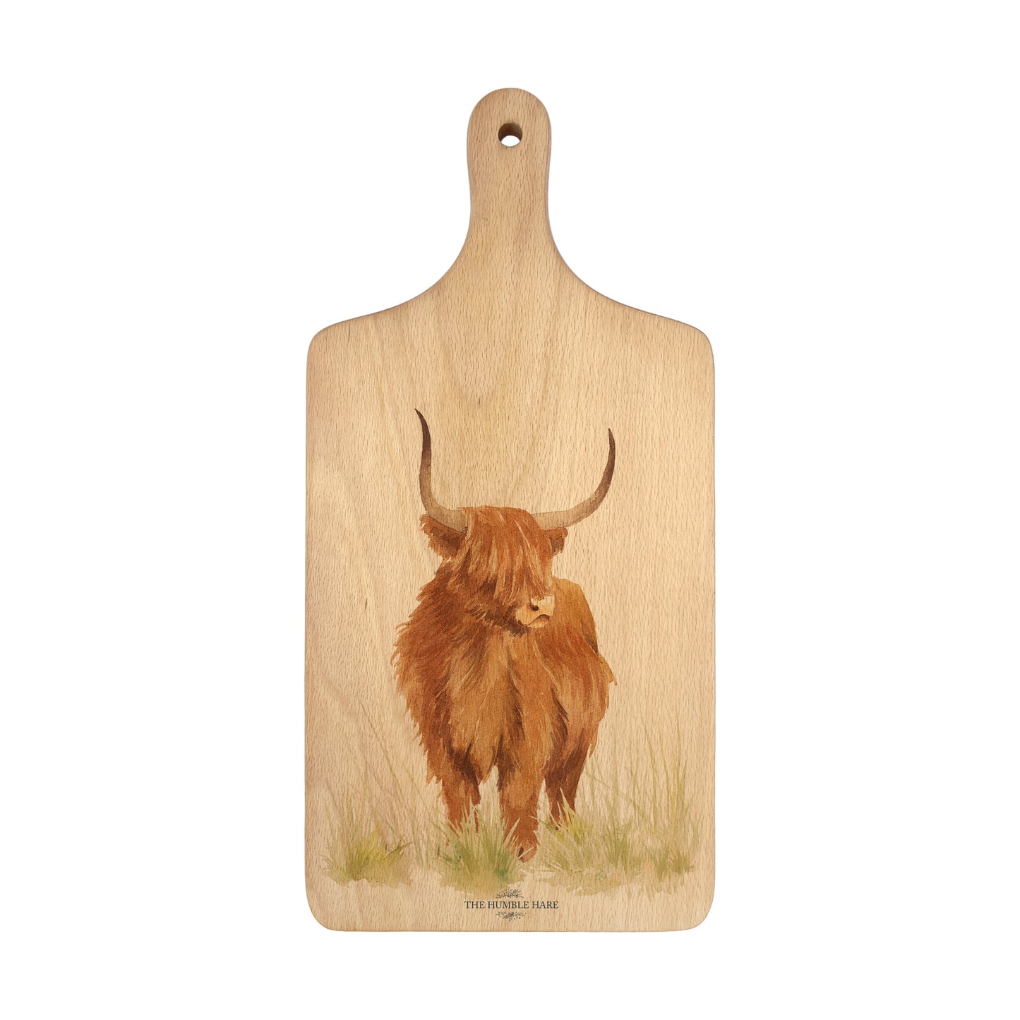 Handmade paddle board in Beech wood, featuring a painted Highland cow with a hand tied luxury blue ribbon.