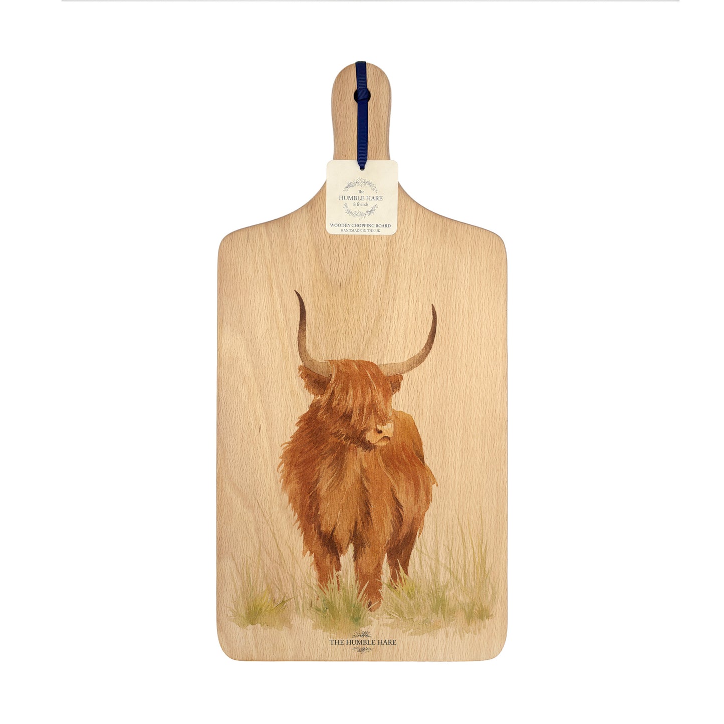 Handmade paddle board in Beech wood, featuring a painted Highland cow with a hand tied luxury blue ribbon.