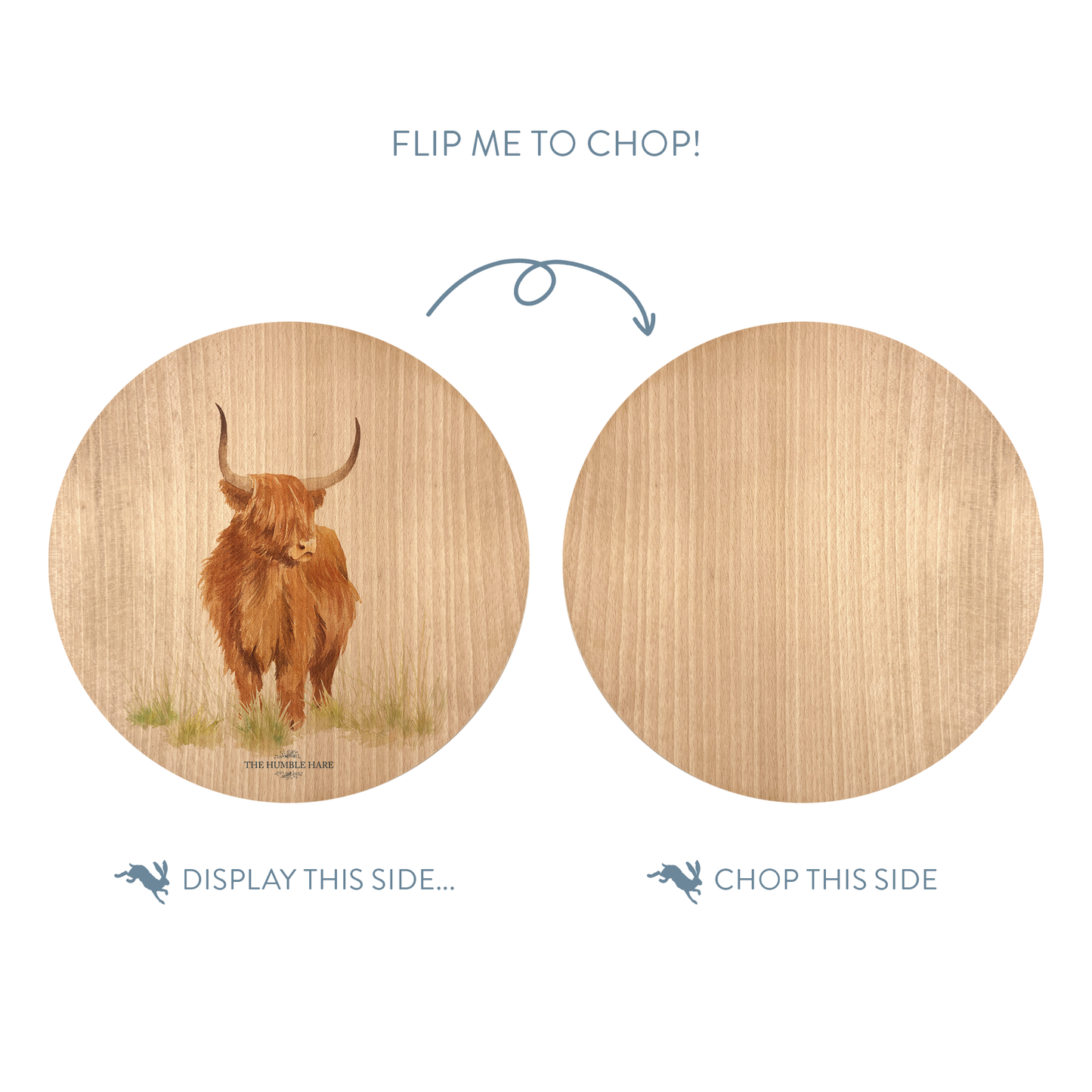 Handmade wooden chopping board featuring a watercolour Highland cow illustration, tied with blue ribbon.