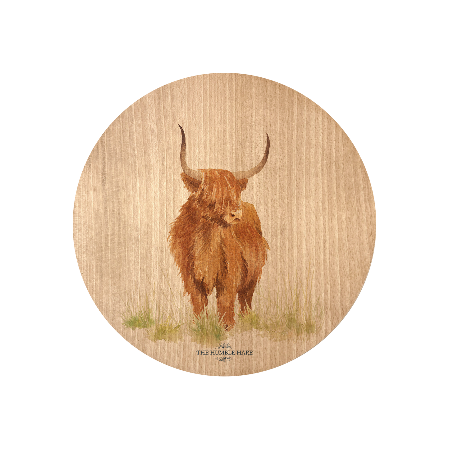 Handmade wooden chopping board featuring a watercolour Highland cow illustration, tied with blue ribbon.