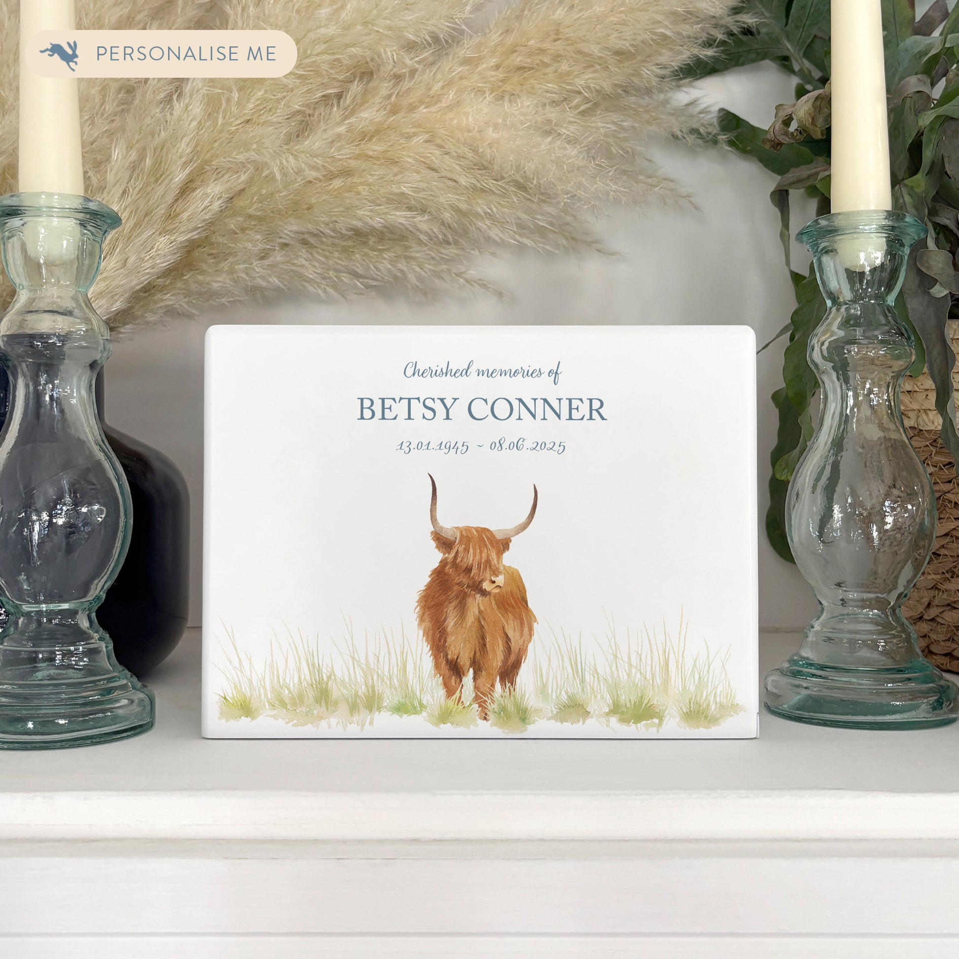 Luxury solid wooden white painted Highland Cow watercolour illustration our urns and Caskets for displaying or burying ashes. Customisable and can be personalised. Perfect funeral memory keepsake urn, for storing ashes for humans and pets