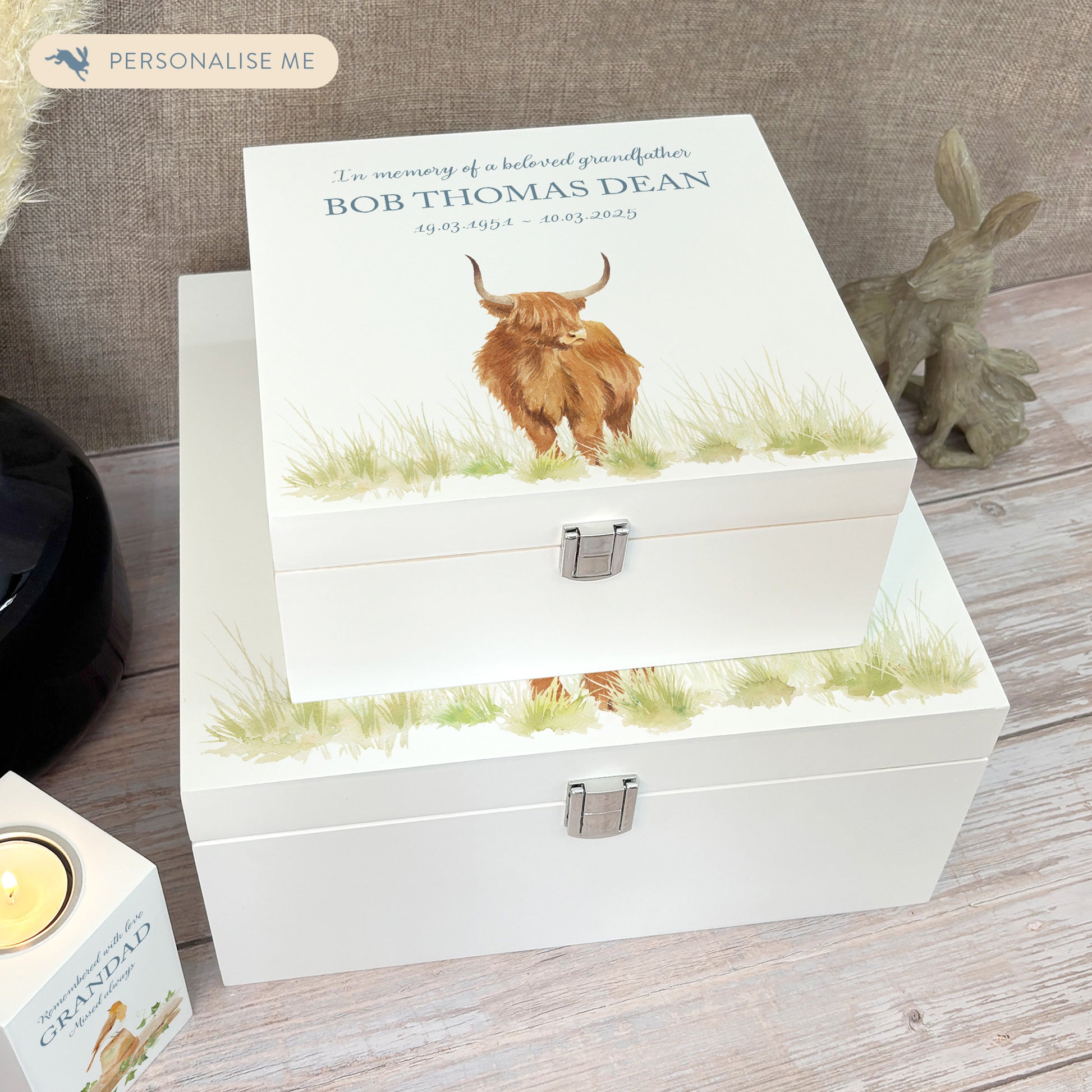 White Square personalised Wooden box with a decorative lid featuring illustrations of a highland cow in a field Perfect funeral memory keepsake box, for storing ashes, order of service, flowers and capturing your loved ones things in one place.