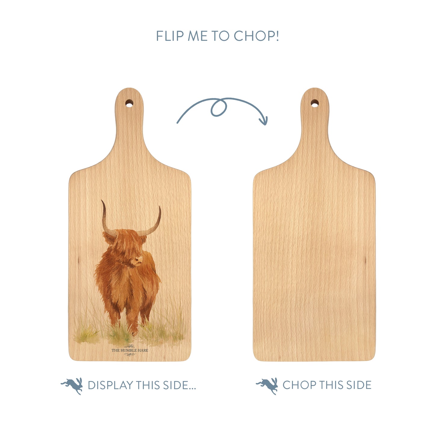 Handmade paddle board in Beech wood, featuring a water colour Highland Cow design with a hand tied luxury blue ribbon. perfect chopping board, charcuterie board, serving board and chopping board.