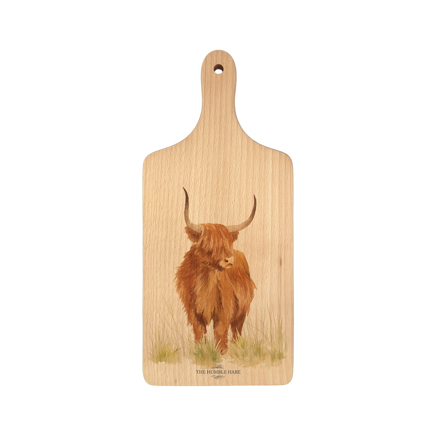 Handmade paddle board in Beech wood, featuring a water colour Highland Cow design with a hand tied luxury blue ribbon. perfect chopping board, charcuterie board, serving board and chopping board.