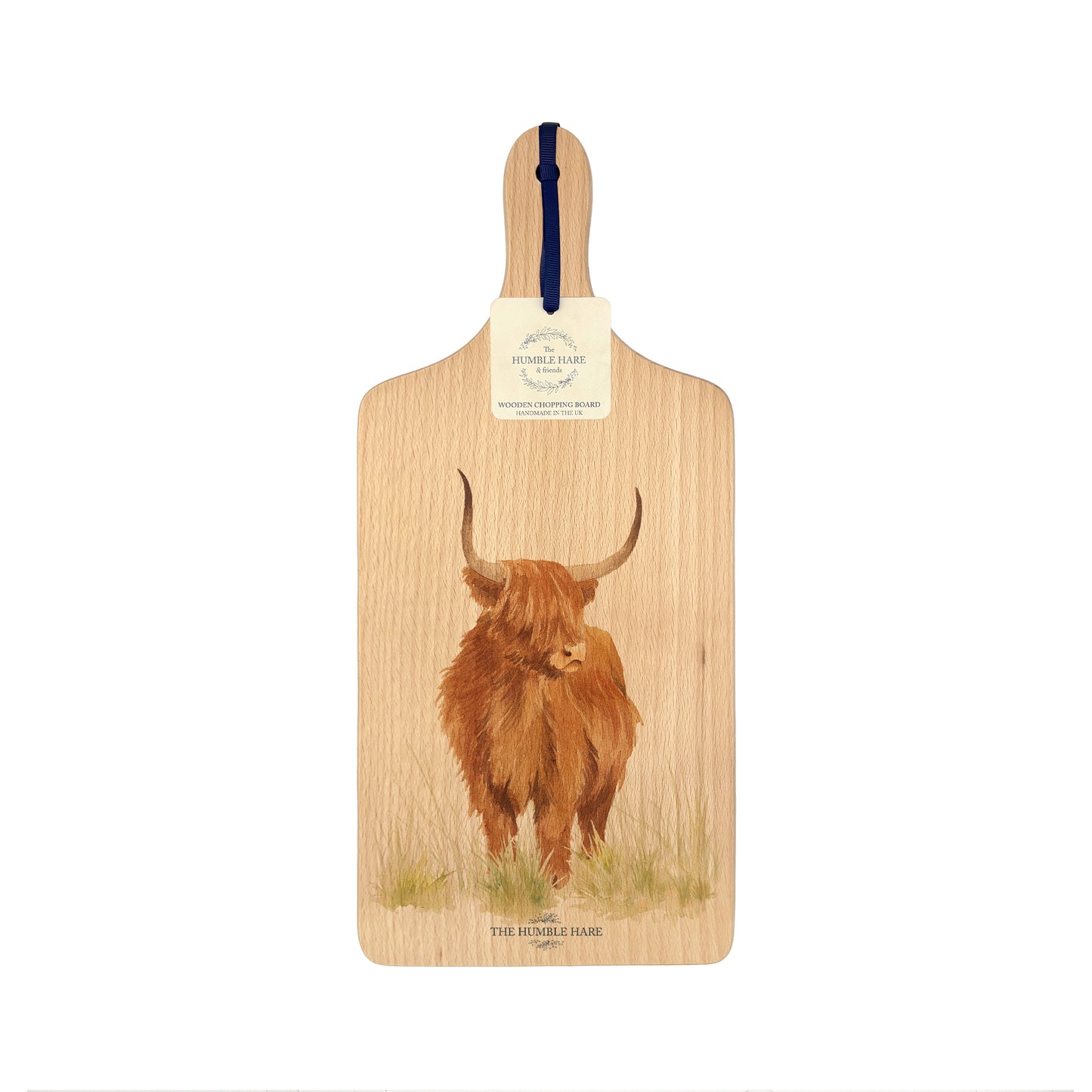 Handmade paddle board in Beech wood, featuring a water colour Highland Cow design with a hand tied luxury blue ribbon. perfect chopping board, charcuterie board, serving board and chopping board.