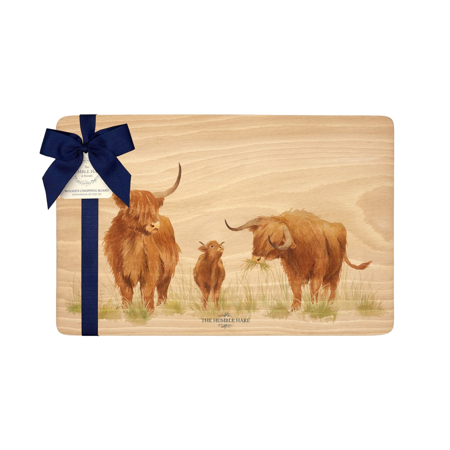 Handmade rectangular chopping board featuring a watercolour Highland Cow illustration, finished with blue ribbon.