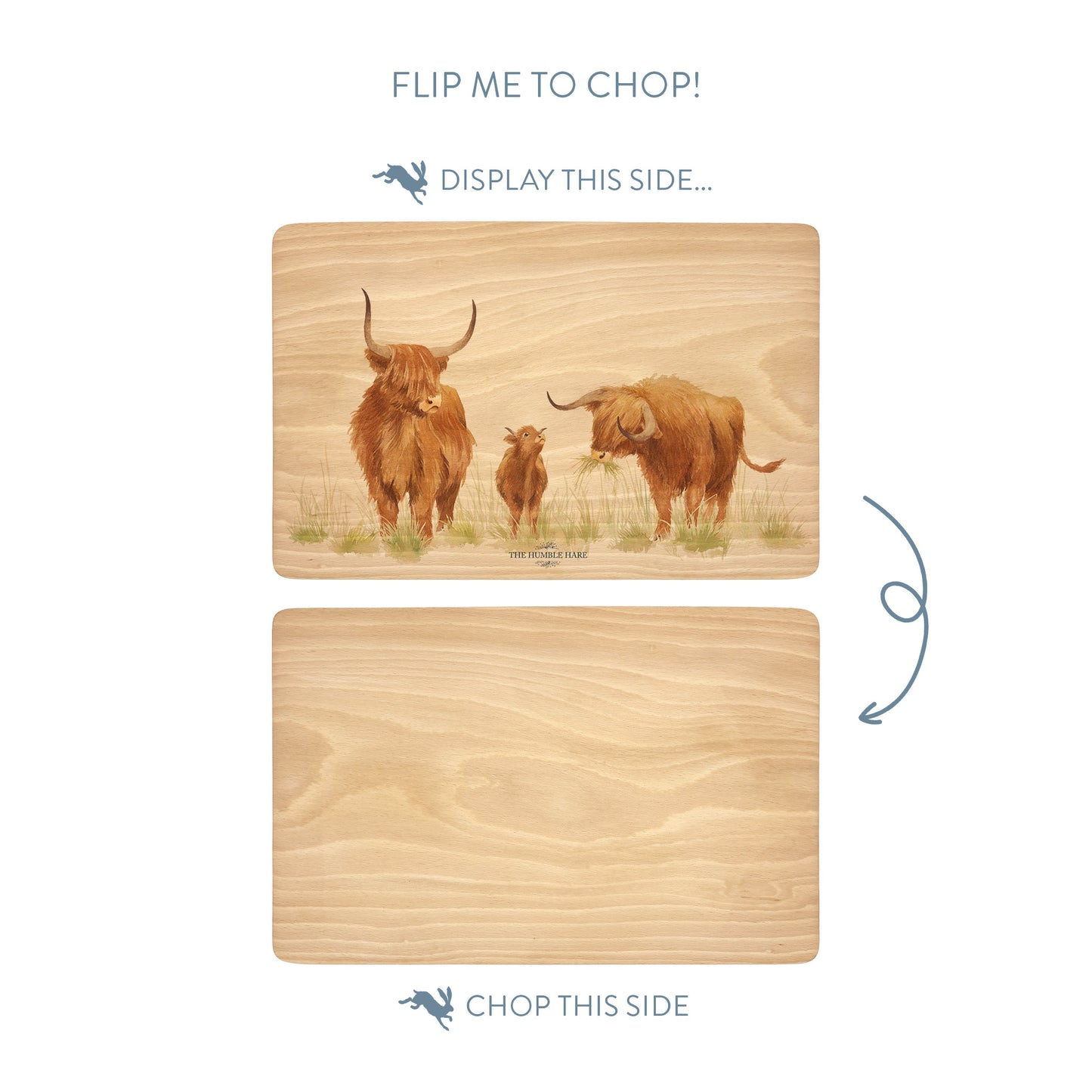 Handmade rectangular chopping board featuring a watercolour Highland Cow illustration, finished with blue ribbon.