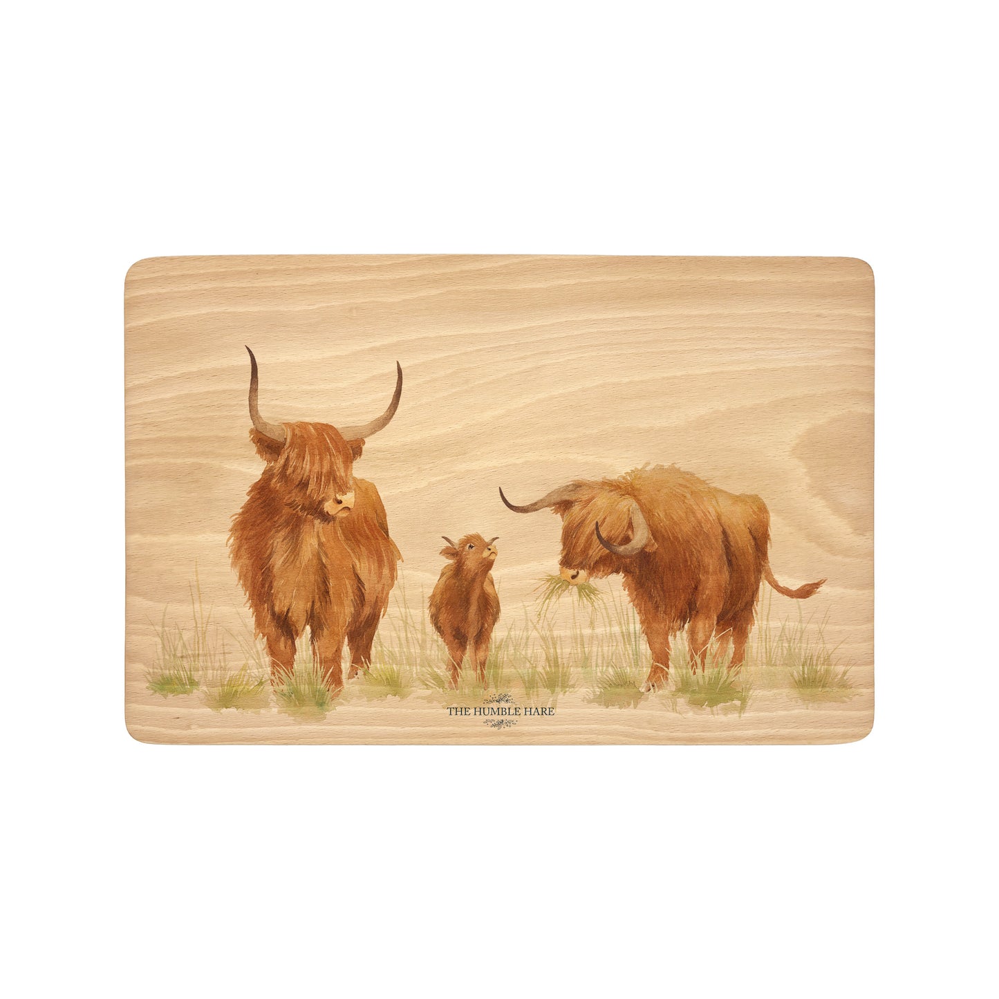 Handmade rectangular chopping board featuring a watercolour Highland Cow illustration, finished with blue ribbon.