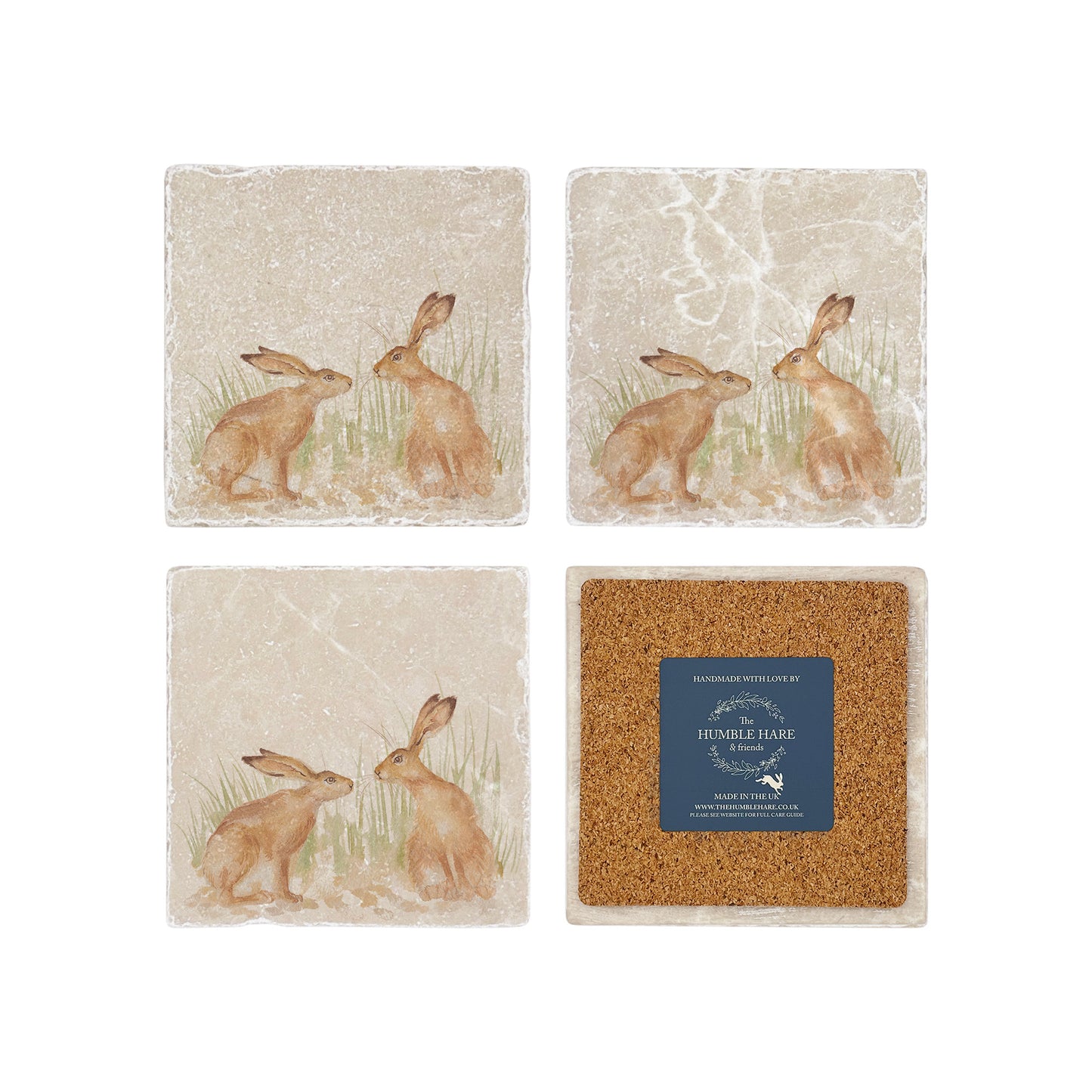 A set of four square marble coasters, featuring a watercolour design of two hares facing each other about to touch noses. One coaster is flipped to show that the coasters are backed with cork.