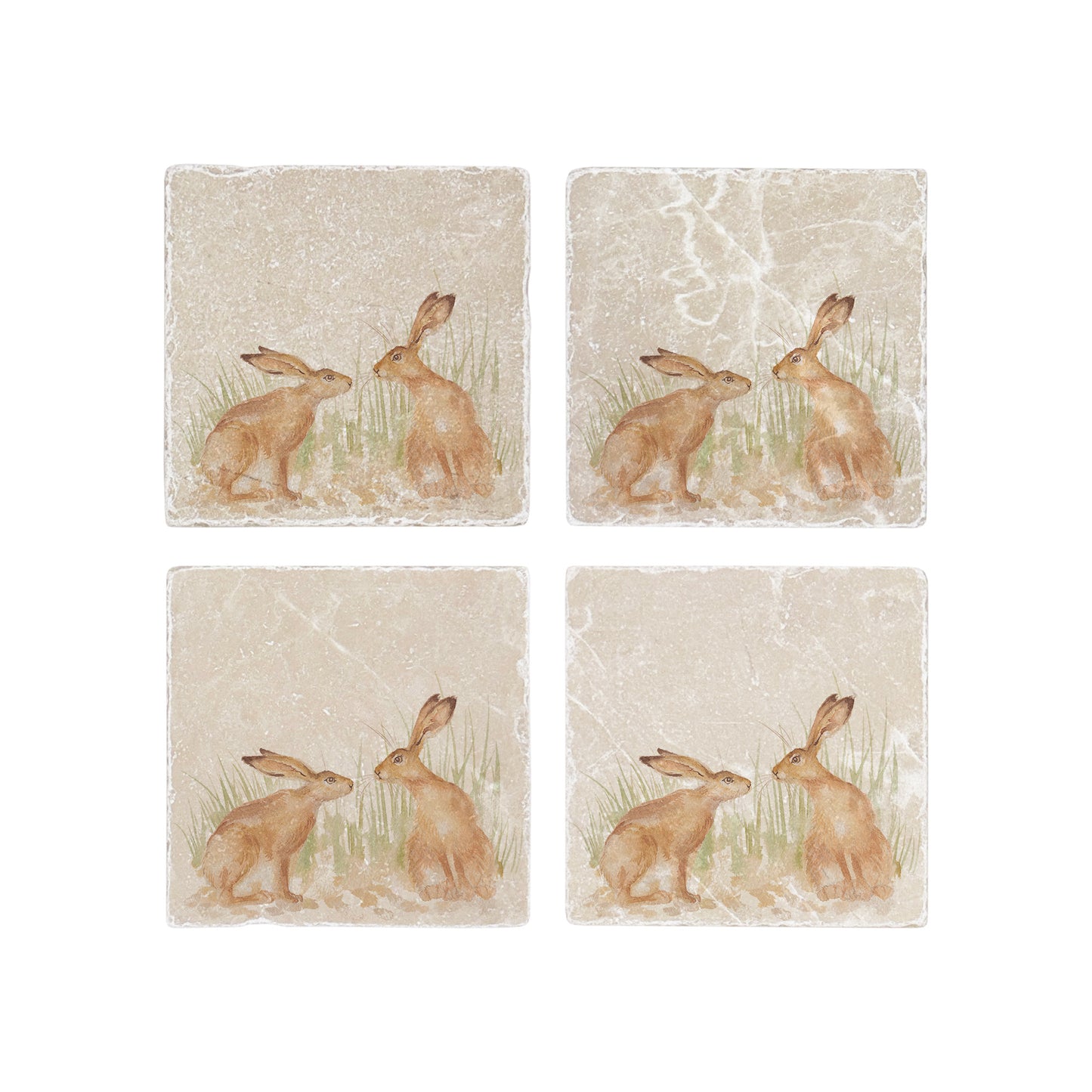 A set of 4 square marble coasters, featuring a watercolour design of two hares facing each other about to touch noses.