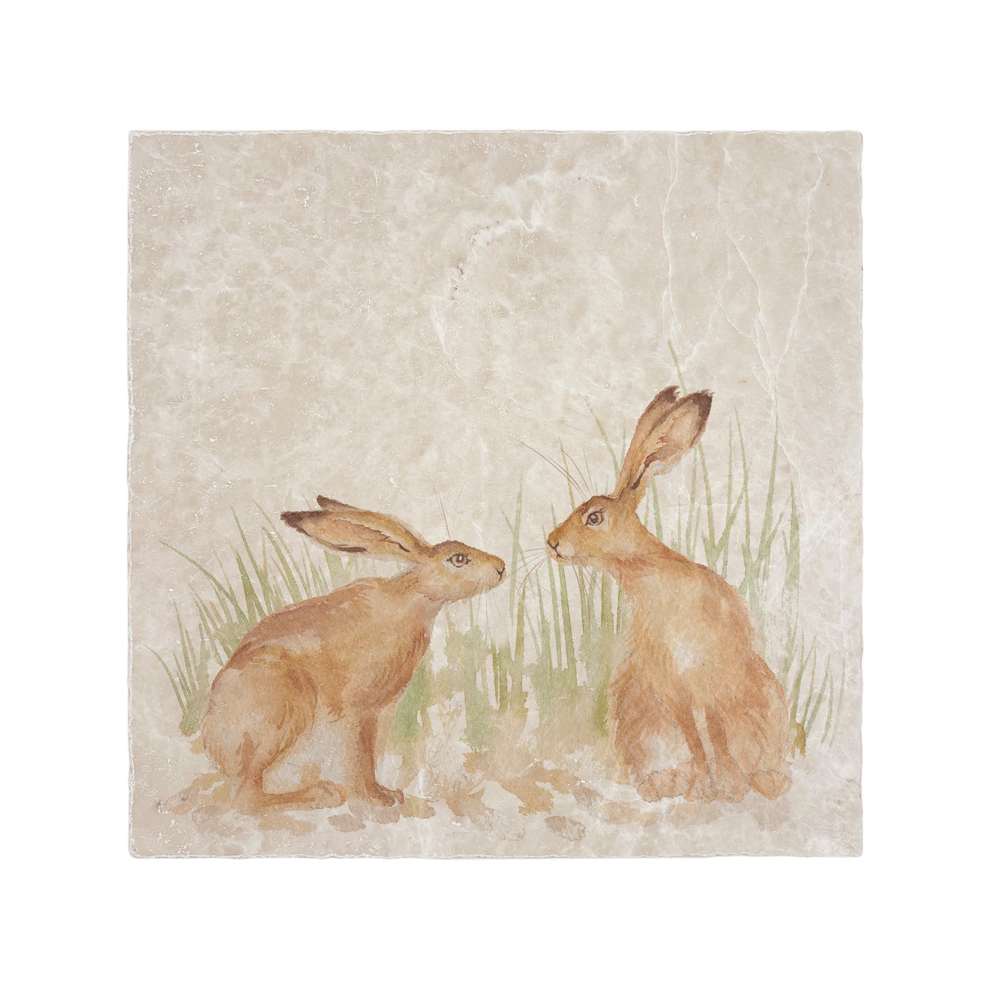 A handmade square cream marble splashback tile featuring a watercolour countryside animal design of two hares in grass facing each other about to touch noses.