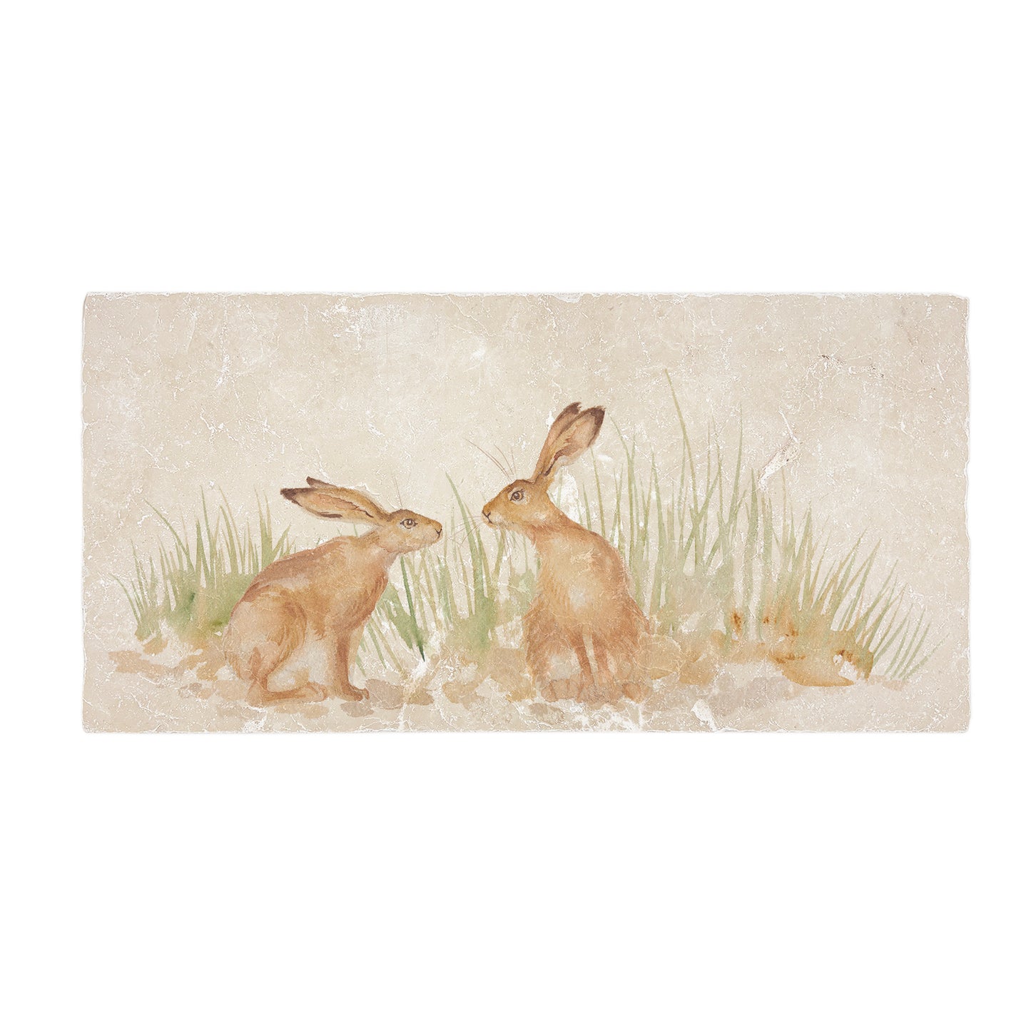 A handmade rectangle cream marble splashback tile featuring a watercolour countryside animal design of two hares in grass facing each other about to touch noses.