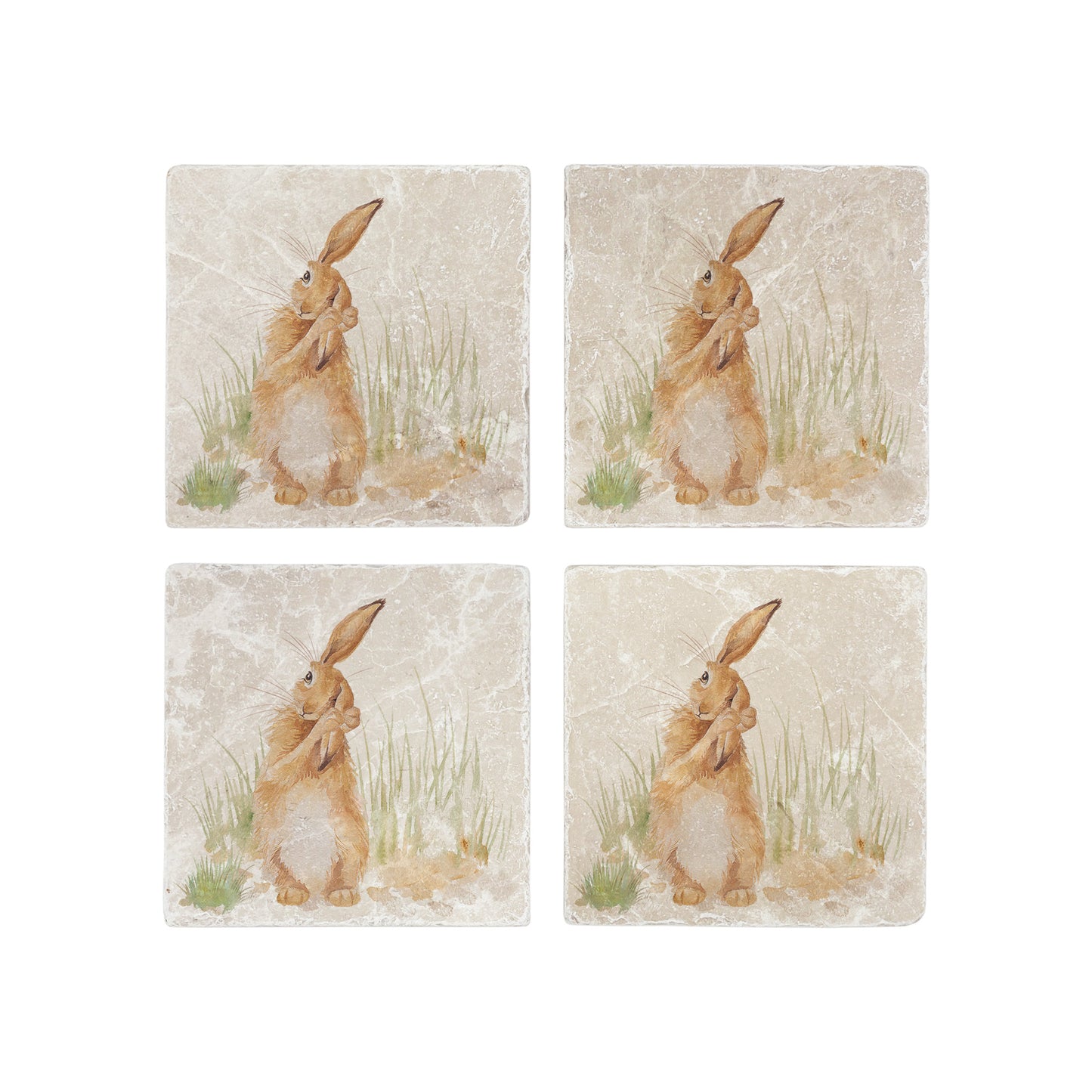 A set of 4 square marble coasters, featuring a watercolour design of a hare washing his ear..
