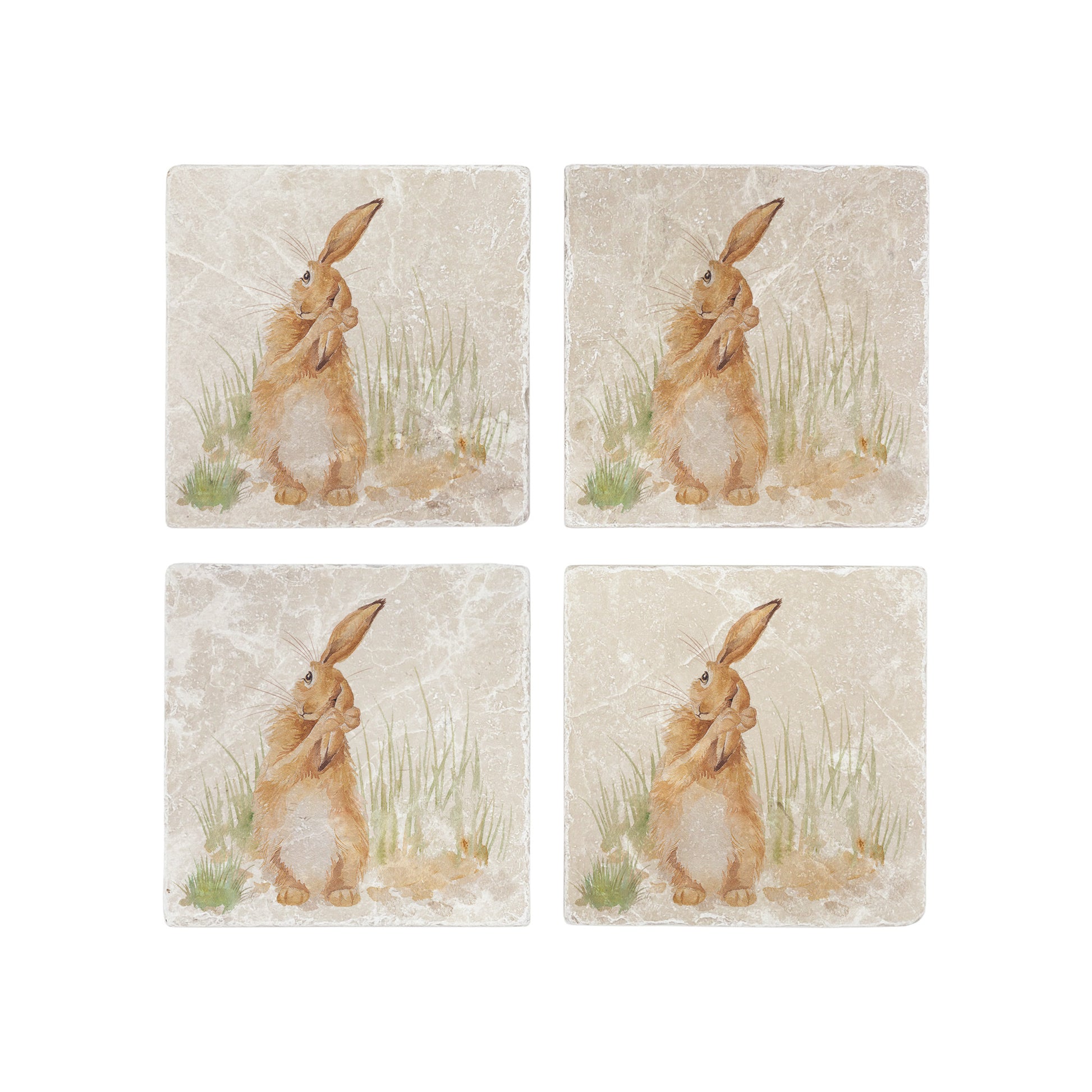 A set of 4 square marble coasters, featuring a watercolour design of a hare washing his ear..