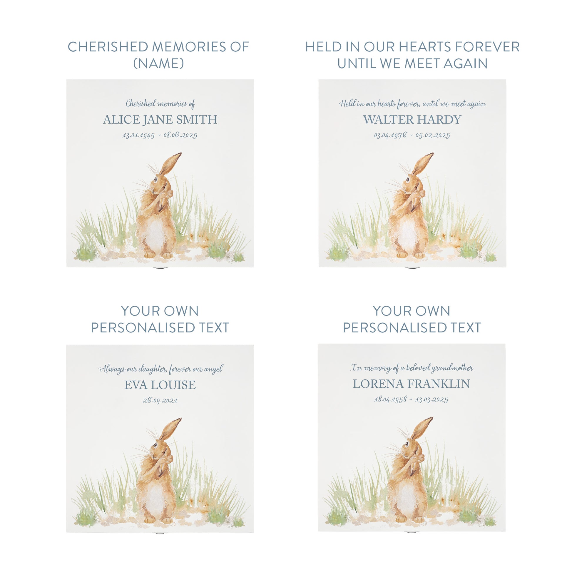 White Square personalised Wooden box with a decorative lid featuring illustrations Hare in a field Perfect funeral memory keepsake box, for storing ashes, order of service, flowers and capturing your loved ones things in one place.
