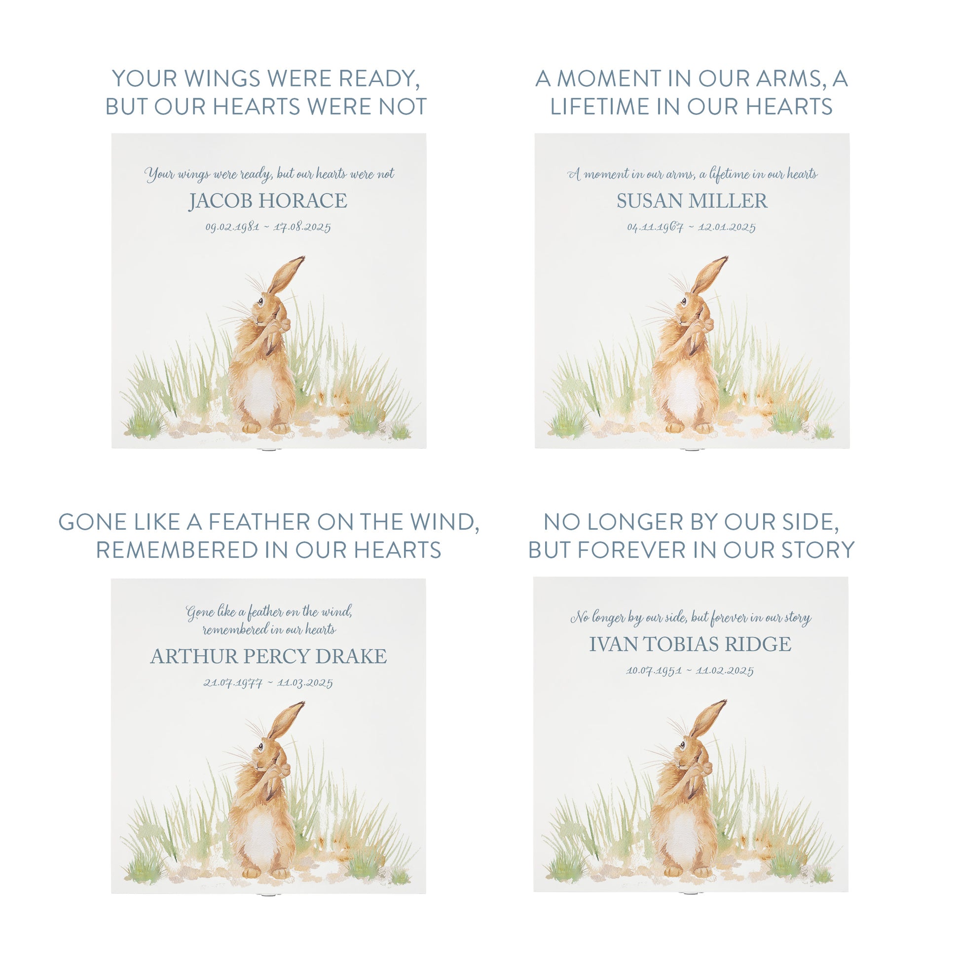 White Square personalised Wooden box with a decorative lid featuring illustrations Hare in a field Perfect funeral memory keepsake box, for storing ashes, order of service, flowers and capturing your loved ones things in one place.