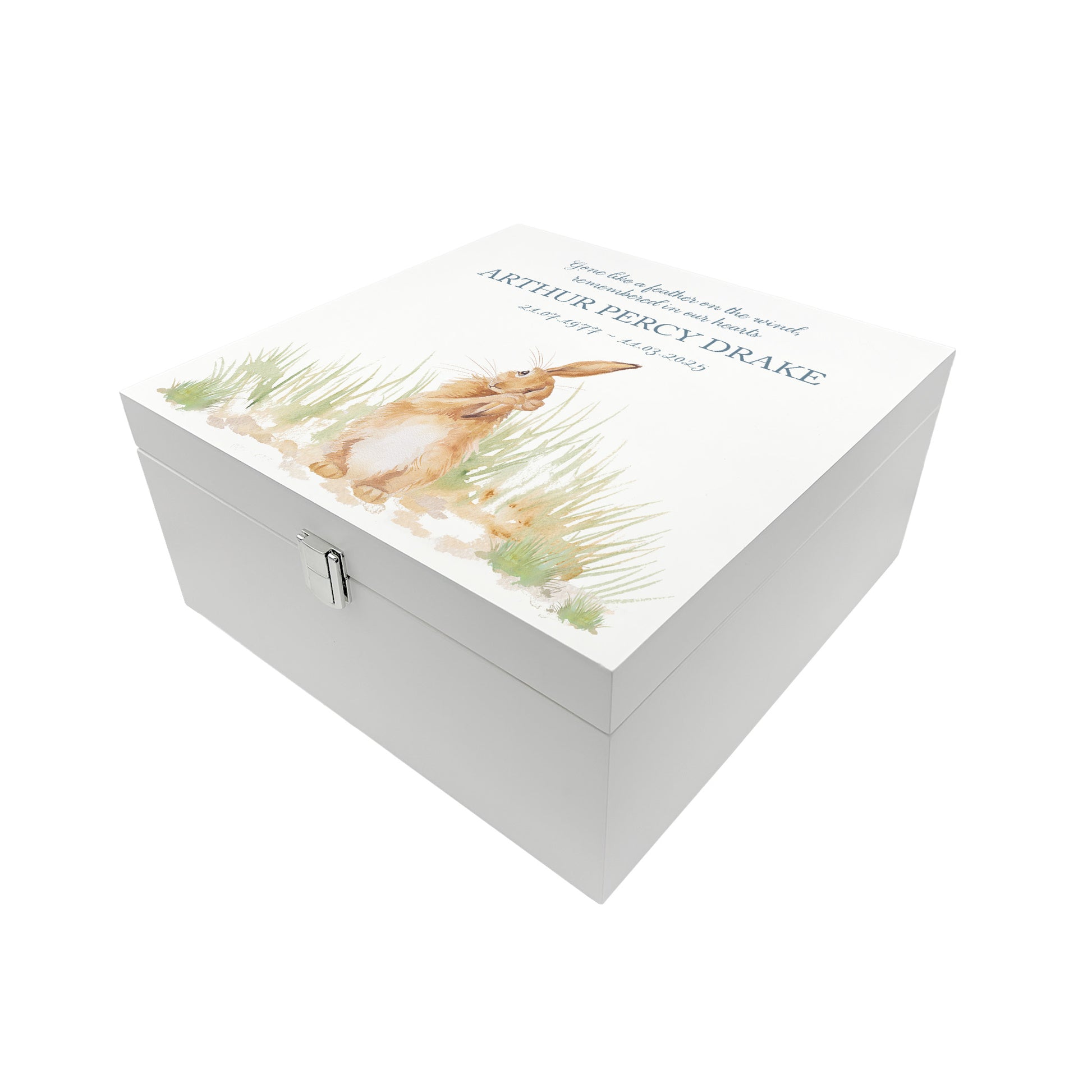 White Square personalised Wooden box with a decorative lid featuring illustrations Hare in a field Perfect funeral memory keepsake box, for storing ashes, order of service, flowers and capturing your loved ones things in one place.