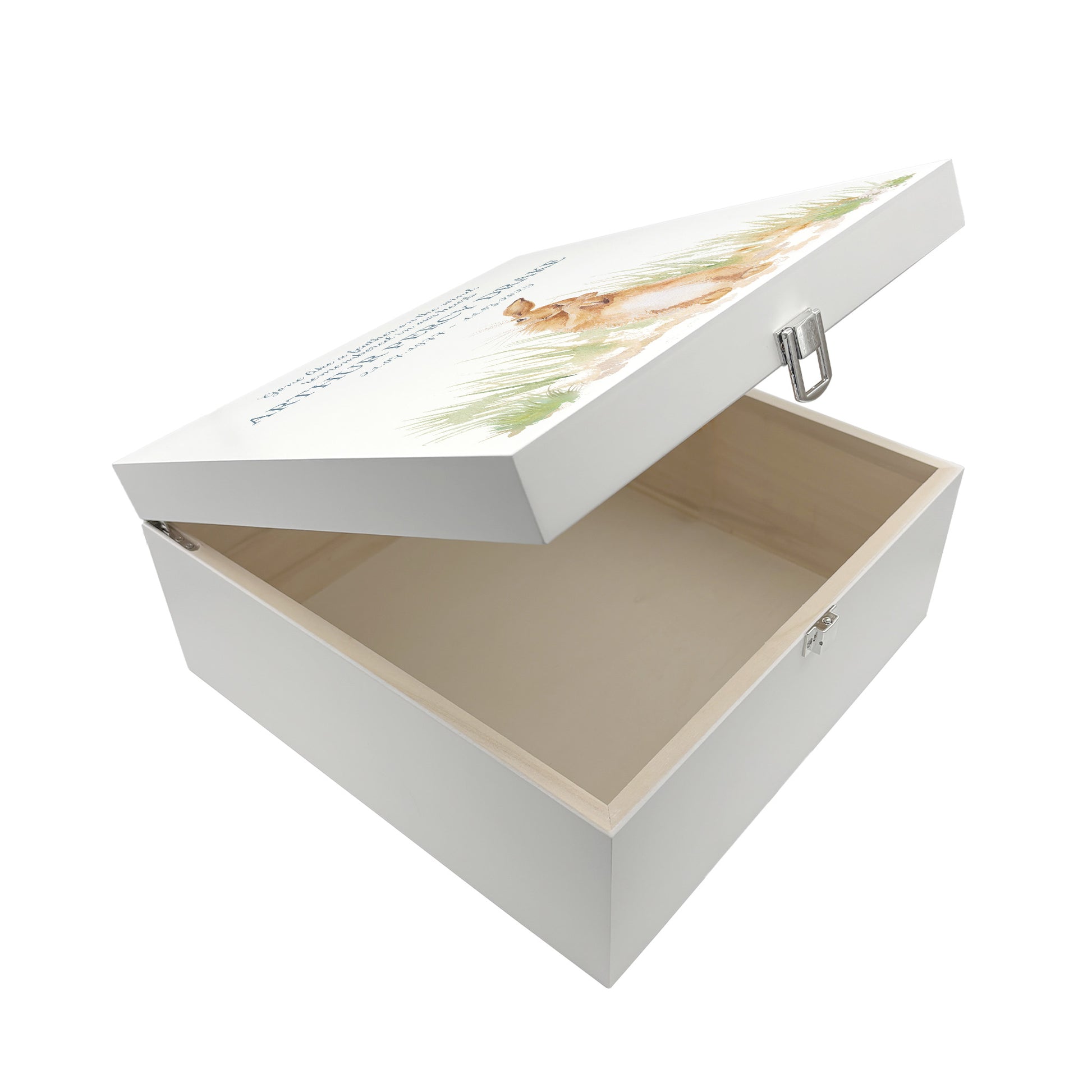 White Square personalised Wooden box with a decorative lid featuring illustrations Hare in a field Perfect funeral memory keepsake box, for storing ashes, order of service, flowers and capturing your loved ones things in one place.