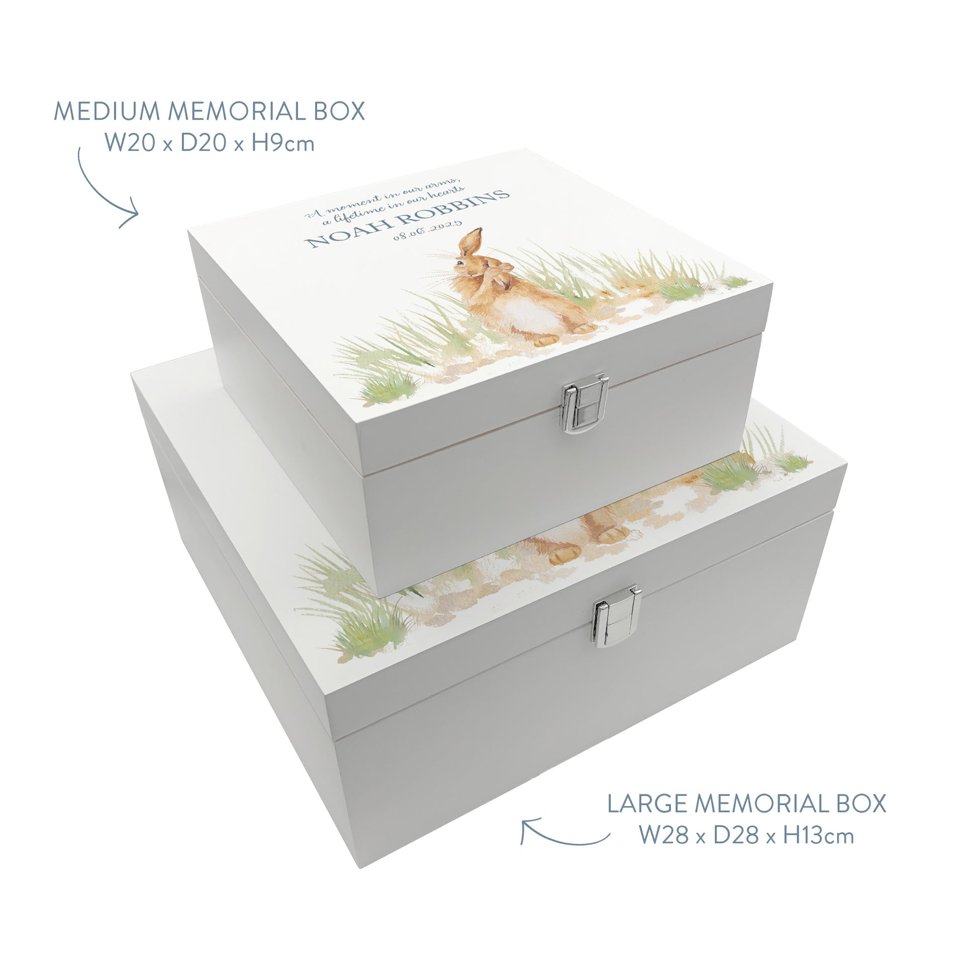 White Square personalised Wooden box with a decorative lid featuring illustrations Hare in a field Perfect funeral memory keepsake box, for storing ashes, order of service, flowers and capturing your loved ones things in one place.