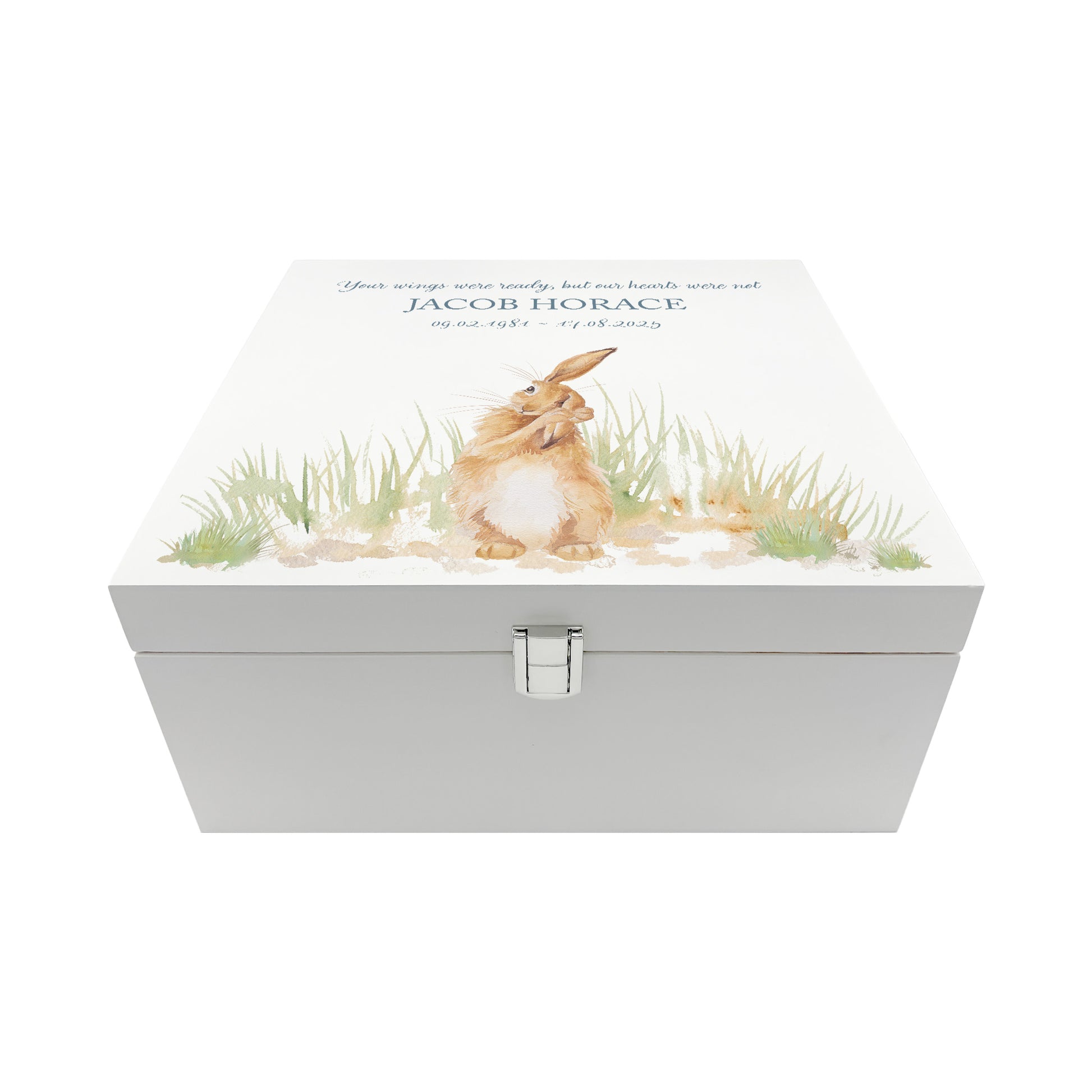 White Square personalised Wooden box with a decorative lid featuring illustrations Hare in a field Perfect funeral memory keepsake box, for storing ashes, order of service, flowers and capturing your loved ones things in one place.