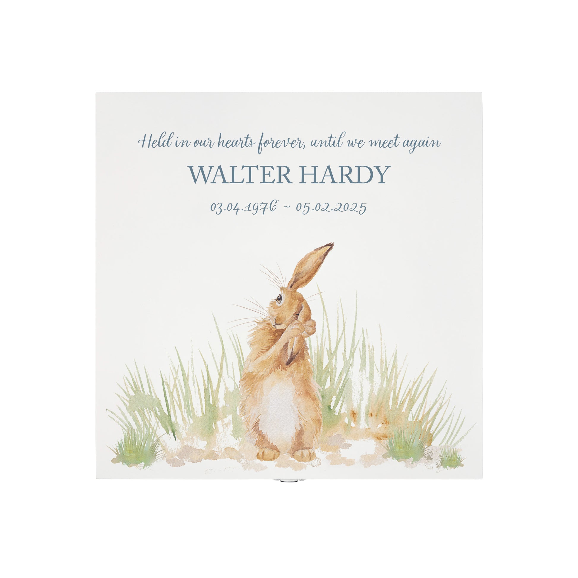 White Square personalised Wooden box with a decorative lid featuring illustrations Hare in a field Perfect funeral memory keepsake box, for storing ashes, order of service, flowers and capturing your loved ones things in one place.