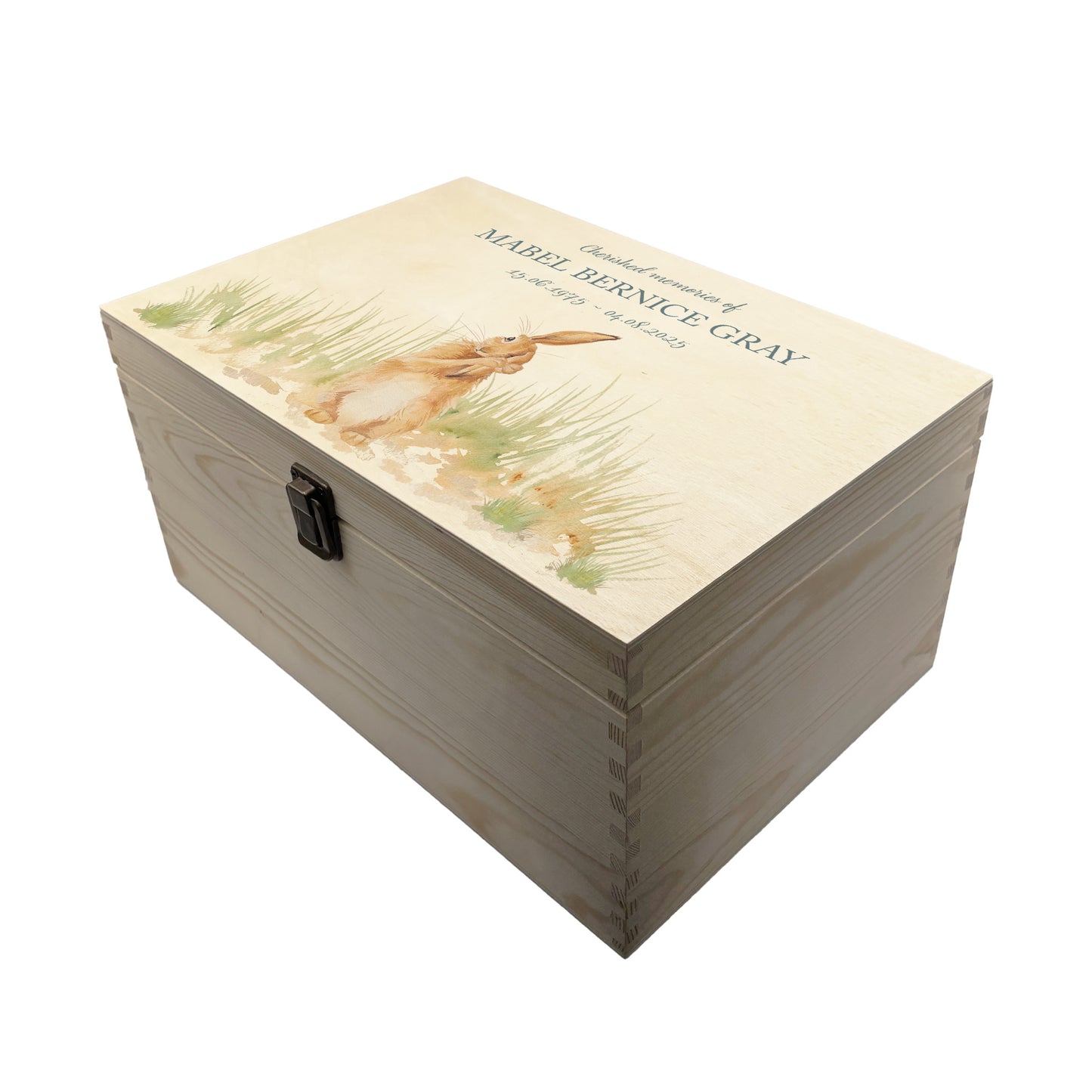 Wooden box with a decorative lid featuring animal illustrations on a wooden background. Perfect funeral memory keepsake box, for storing ashes, order of service, flowers, pictures.