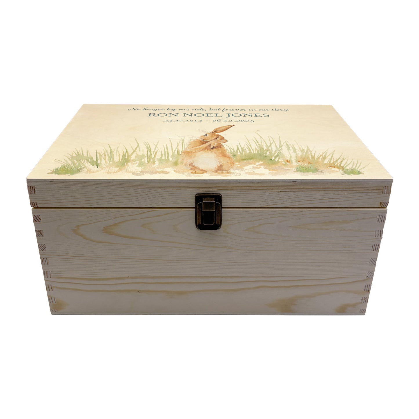 Wooden box with a decorative lid featuring animal illustrations on a wooden background. Perfect funeral memory keepsake box, for storing ashes, order of service, flowers, pictures.