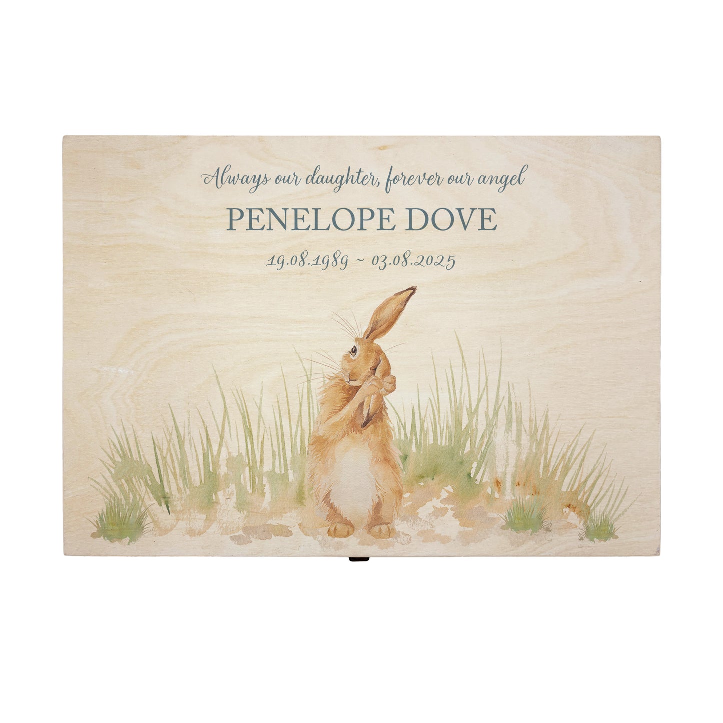 Wooden box with a decorative lid featuring animal illustrations on a wooden background. Perfect funeral memory keepsake box, for storing ashes, order of service, flowers, pictures.