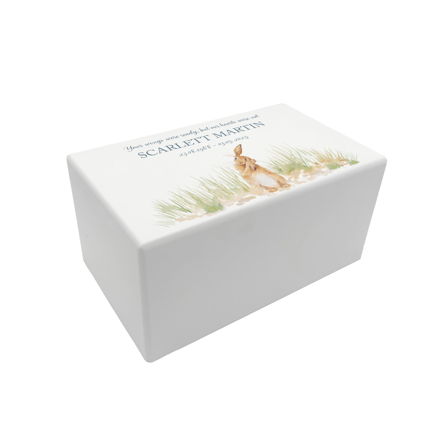 Luxury solid wooden white painted Urn featuring a Hare. A watercolour illustration, our urns and Caskets for displaying or burying ashes. Customisable and can be personalised. Perfect funeral memory keepsake urn, for storing ashes for humans and pets.