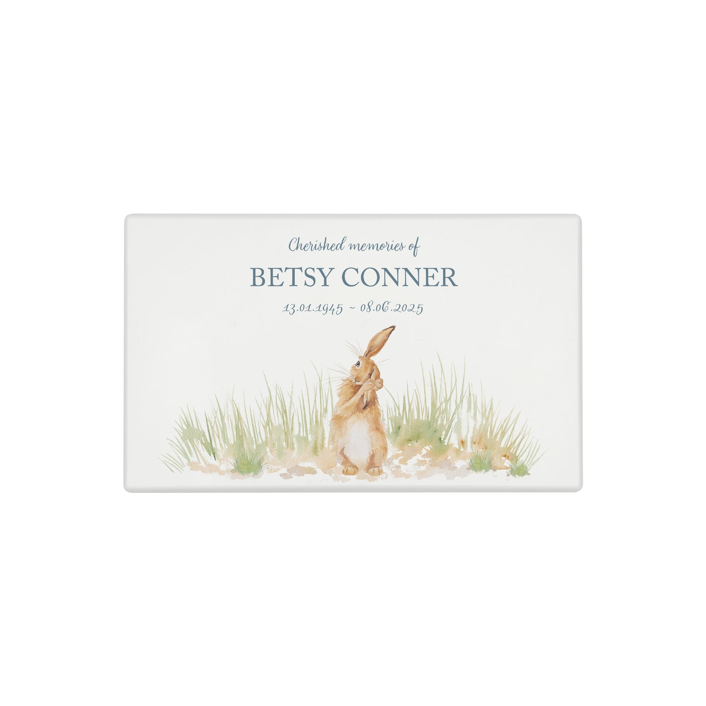 Luxury solid wooden white painted Urn featuring a Hare. A watercolour illustration, our urns and Caskets for displaying or burying ashes. Customisable and can be personalised. Perfect funeral memory keepsake urn, for storing ashes for humans and pets.