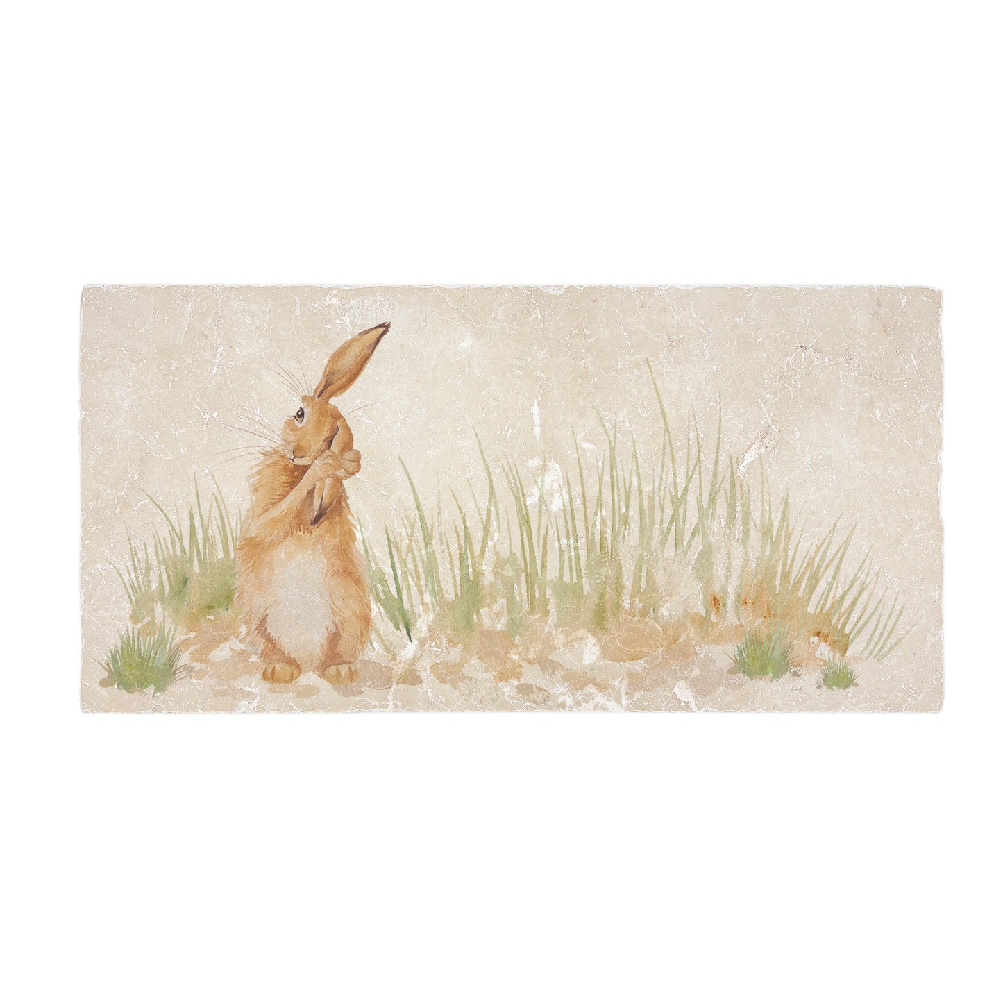 A handmade rectangle cream marble splashback tile featuring a watercolour countryside animal design of a hare in grass cleaning his ear.