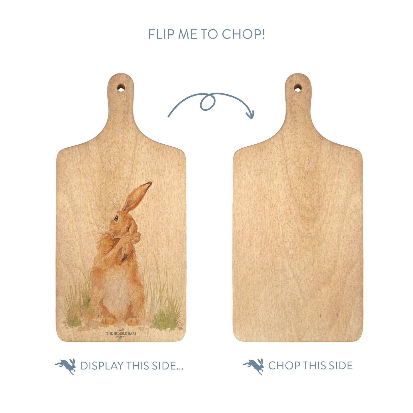 Handmade paddle board in Beech wood, featuring a painted Hare washing it ear with a hand tied luxury blue ribbon.