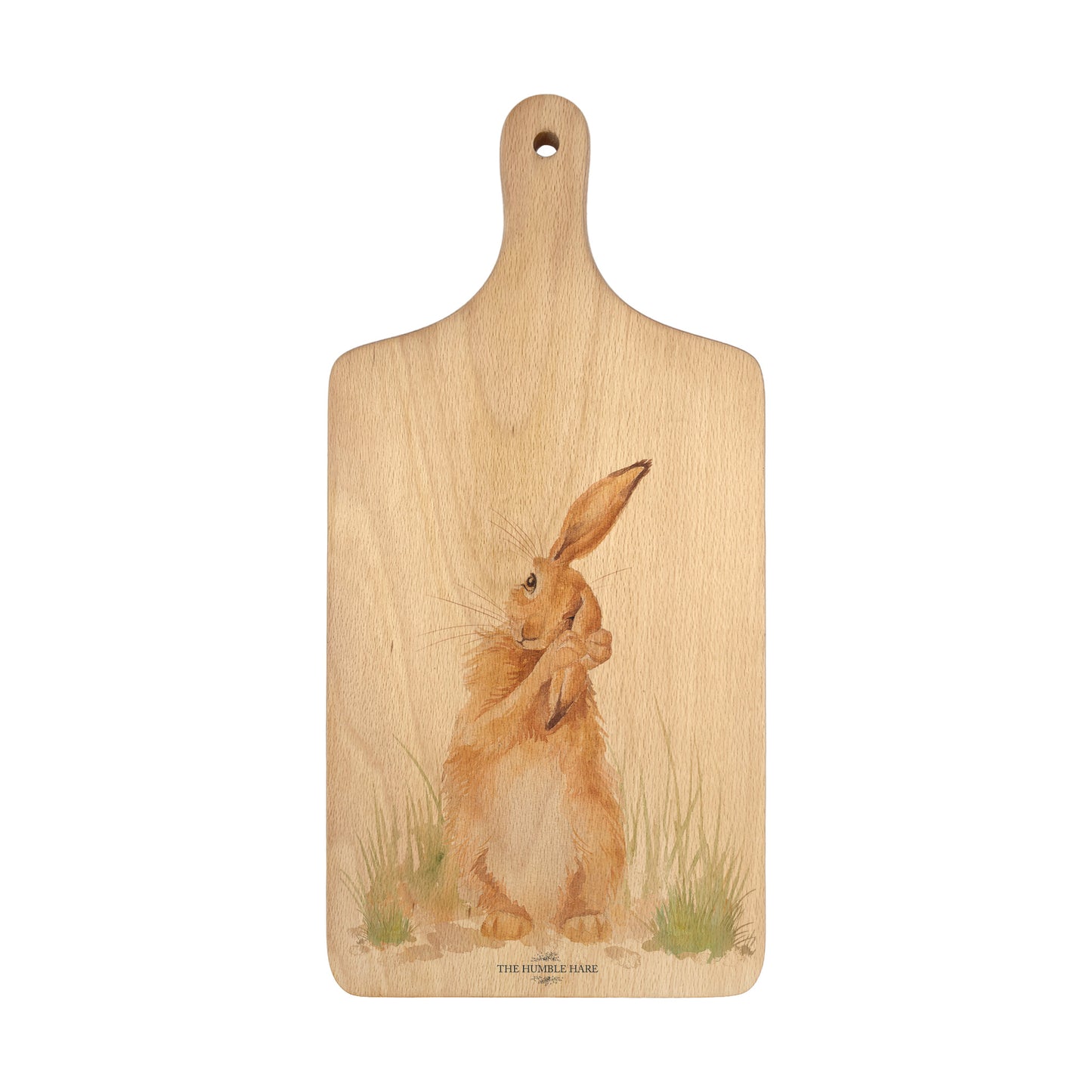 Handmade paddle board in Beech wood, featuring a painted Hare washing it ear with a hand tied luxury blue ribbon.