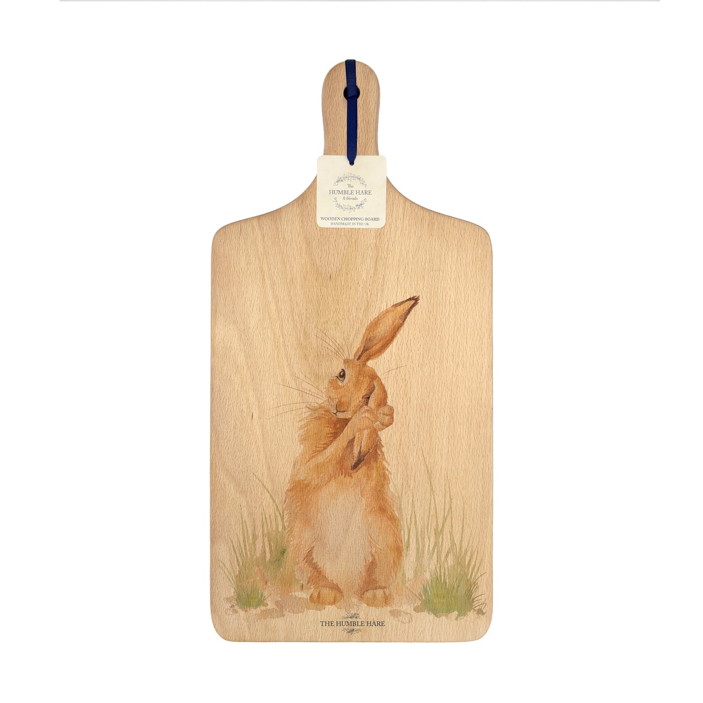 Handmade paddle board in Beech wood, featuring a painted Hare washing it ear with a hand tied luxury blue ribbon.