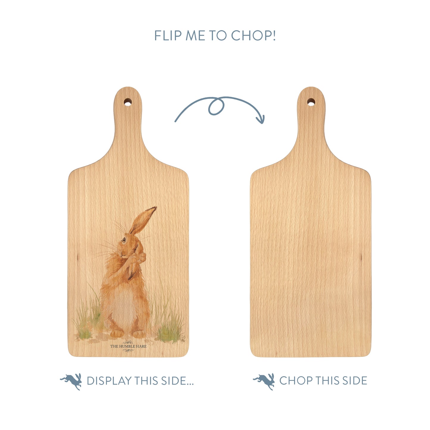 Handmade paddle board in Beech wood, featuring a water colour Hare design with a hand tied luxury blue ribbon. perfect chopping board, charcuterie board, serving board and chopping board.