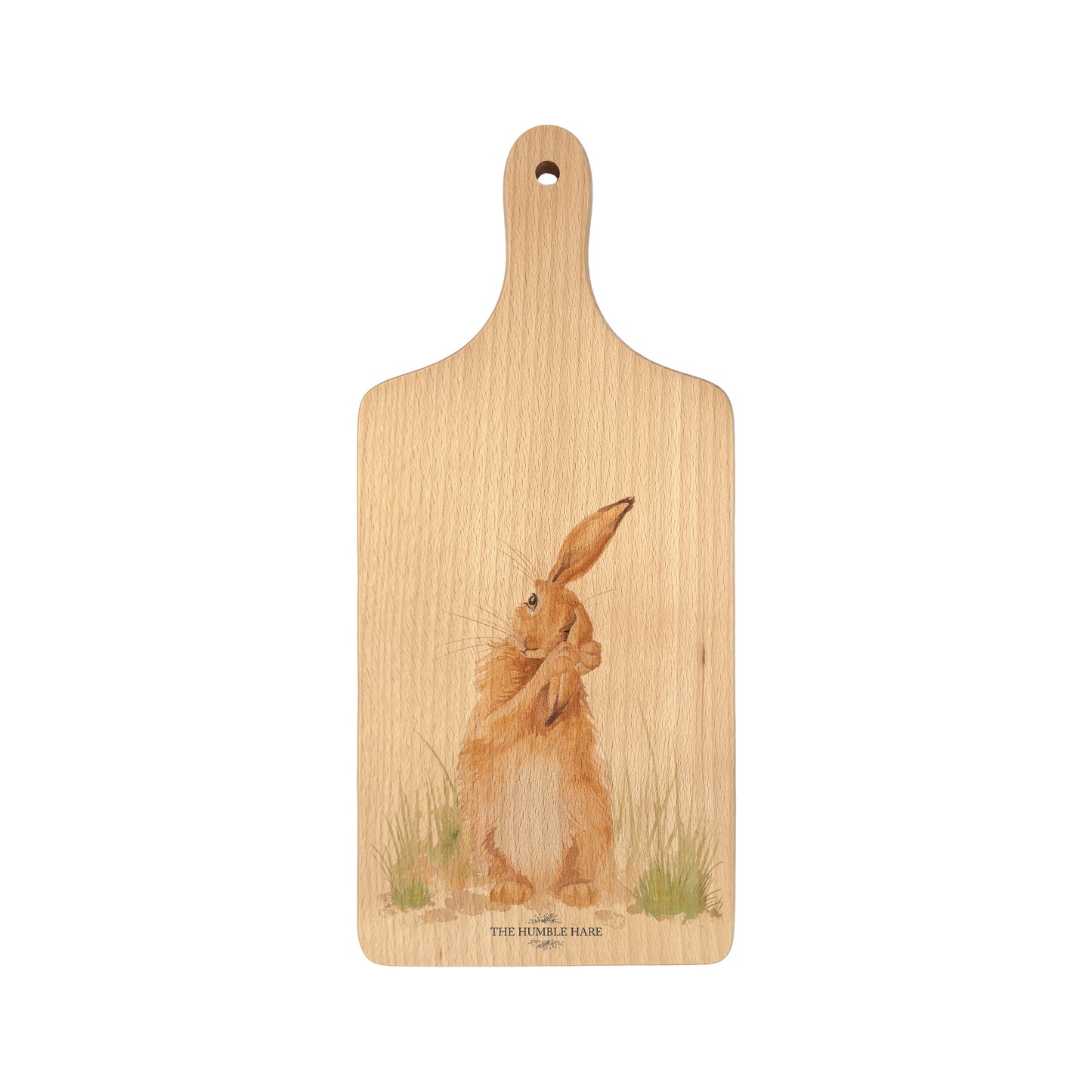 Handmade paddle board in Beech wood, featuring a water colour Hare design with a hand tied luxury blue ribbon. perfect chopping board, charcuterie board, serving board and chopping board.