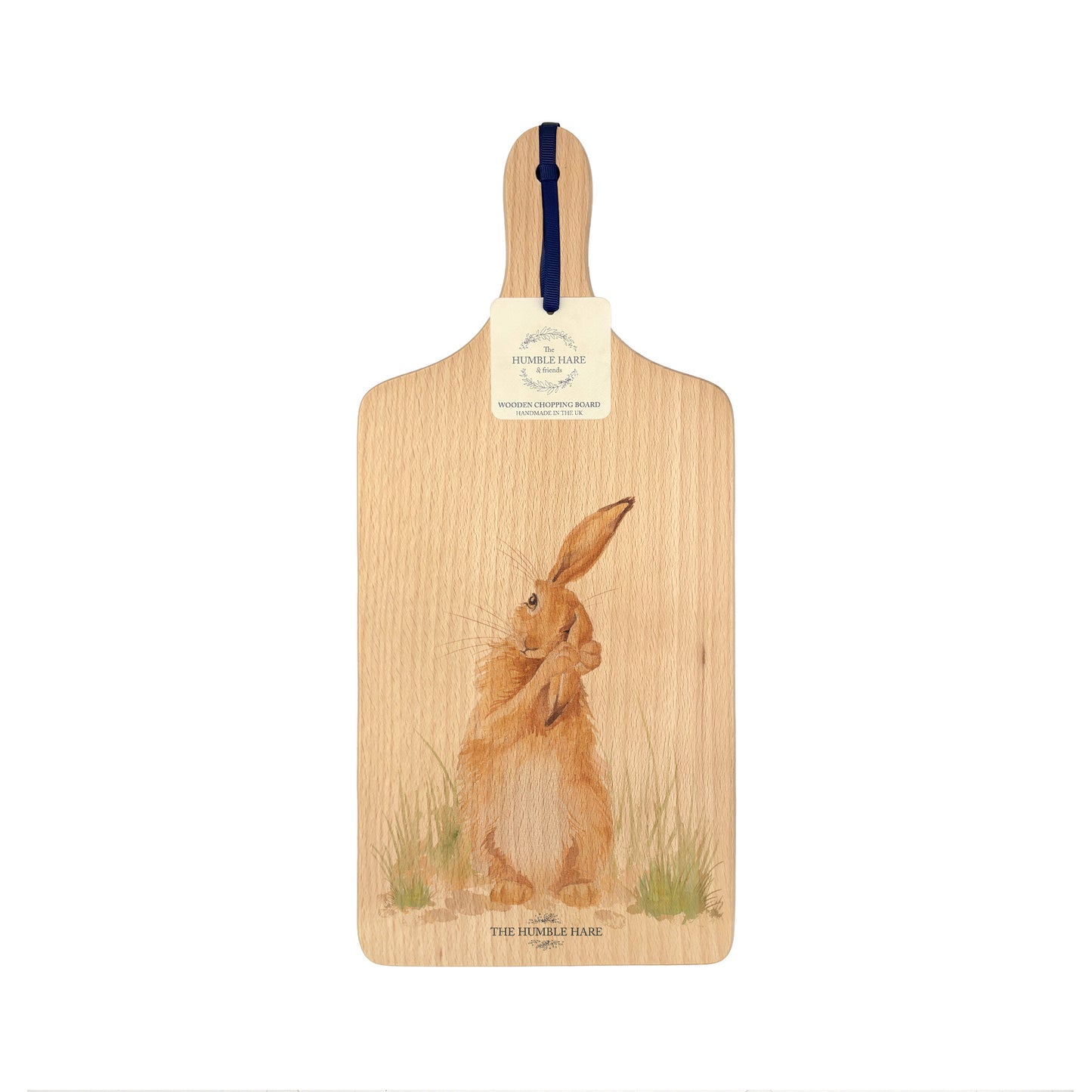 Handmade paddle board in Beech wood, featuring a water colour Hare design with a hand tied luxury blue ribbon. perfect chopping board, charcuterie board, serving board and chopping board.