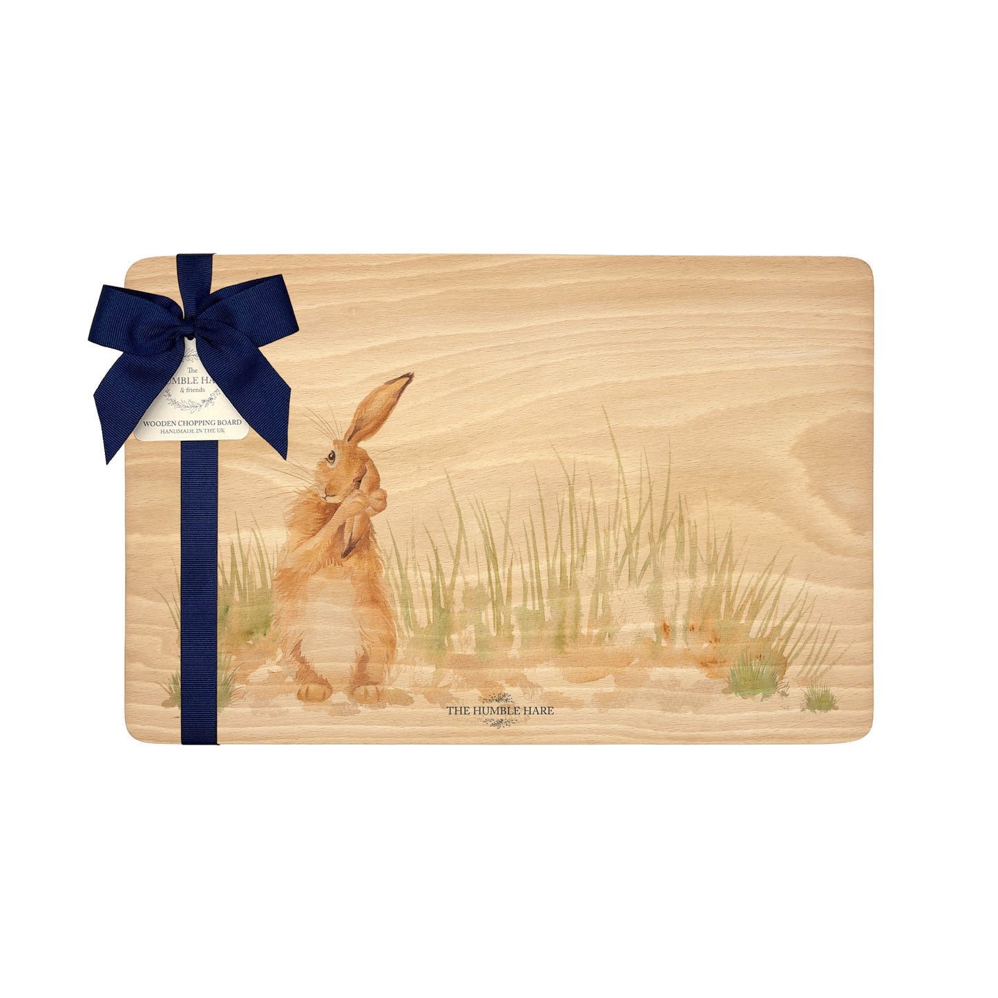 Handmade rectangular chopping board featuring a watercolour Hare illustration, finished with blue ribbon.