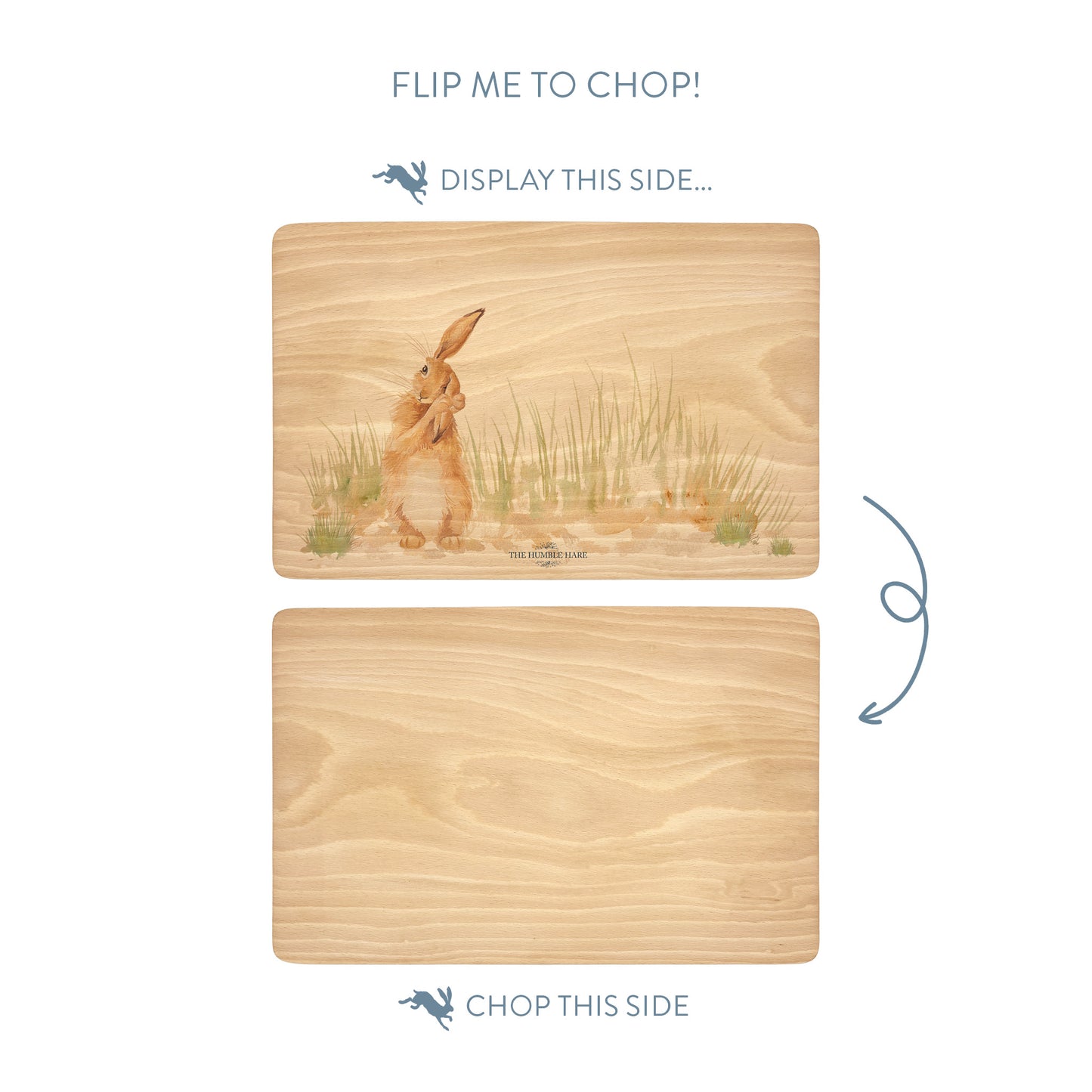 Handmade rectangular chopping board featuring a watercolour Hare illustration, finished with blue ribbon.