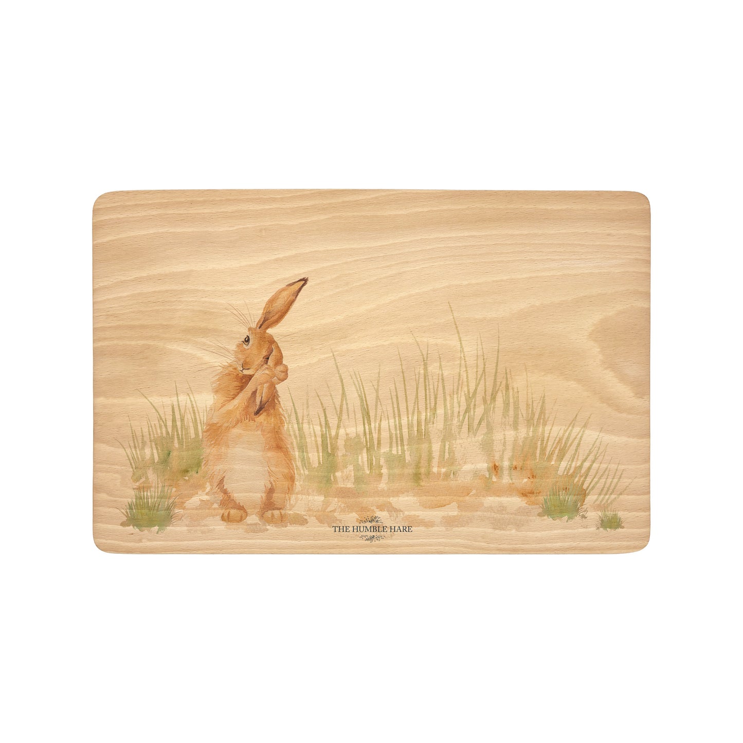 Handmade rectangular chopping board featuring a watercolour Hare illustration, finished with blue ribbon.