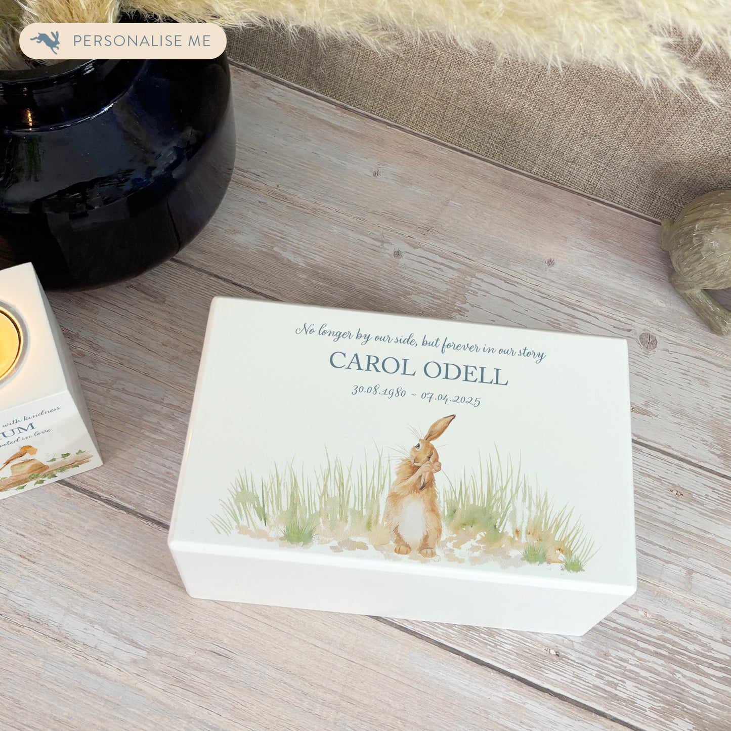 Luxury solid wooden white painted Urn featuring a Hare. A watercolour illustration, our urns and Caskets for displaying or burying ashes. Customisable and can be personalised. Perfect funeral memory keepsake urn, for storing ashes for humans and pets.